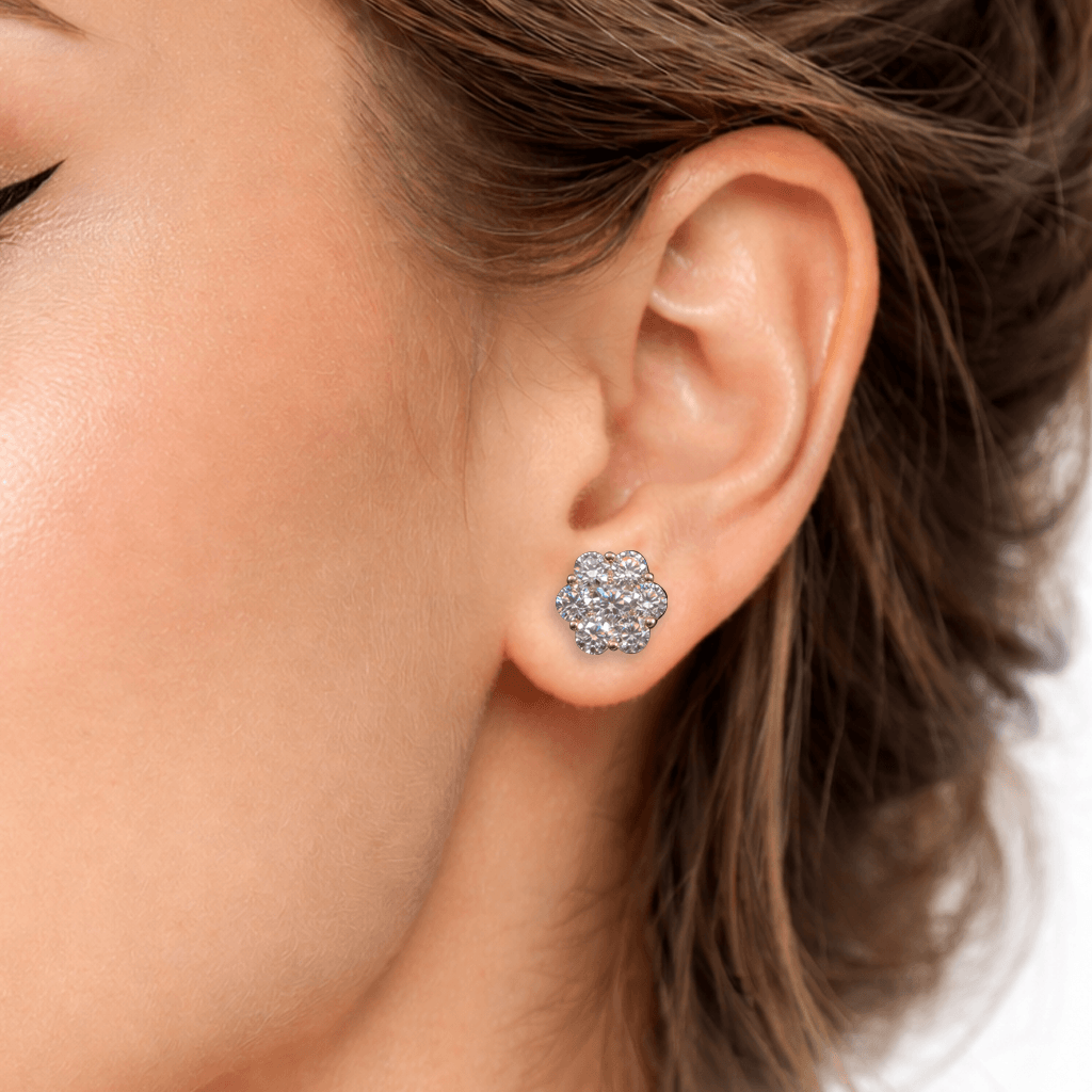 10.8mm Moissanite Round Cut Flower Stud Earrings in Premium Sterling Silver
