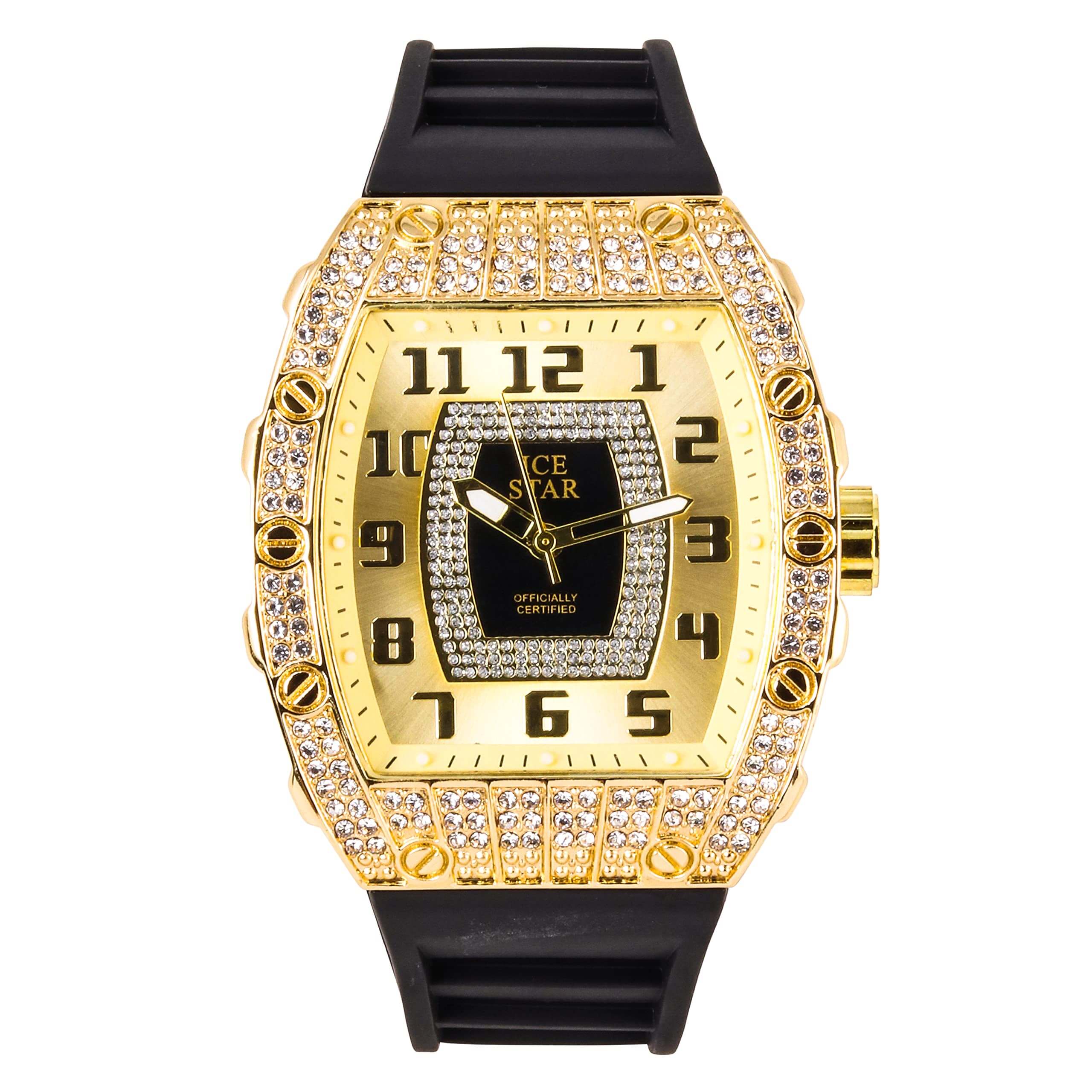 Men’s 41mm Iced Out Tonneau Watch - Silicone Band, Quartz Movement