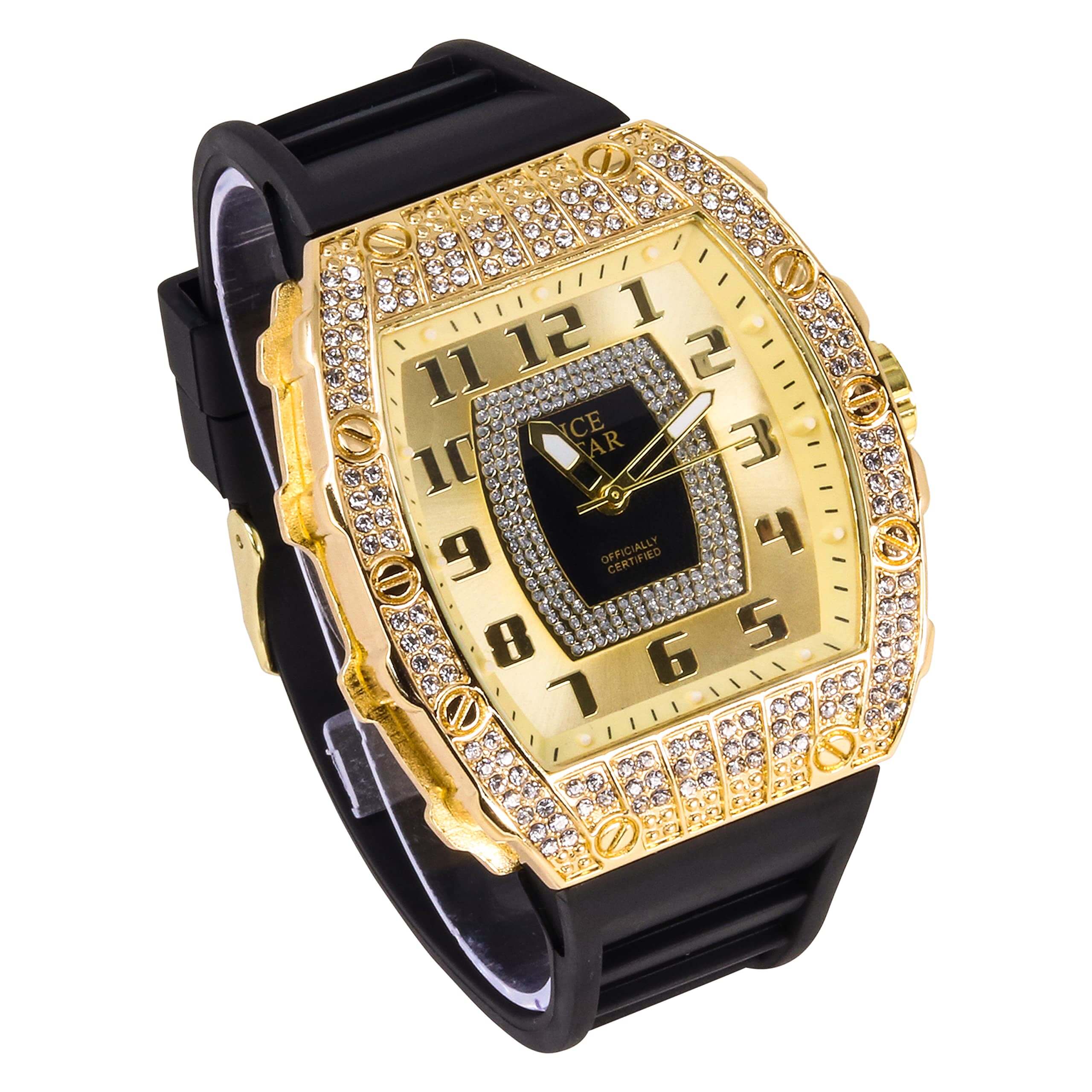 Men’s 41mm Iced Out Tonneau Watch - Silicone Band, Quartz Movement