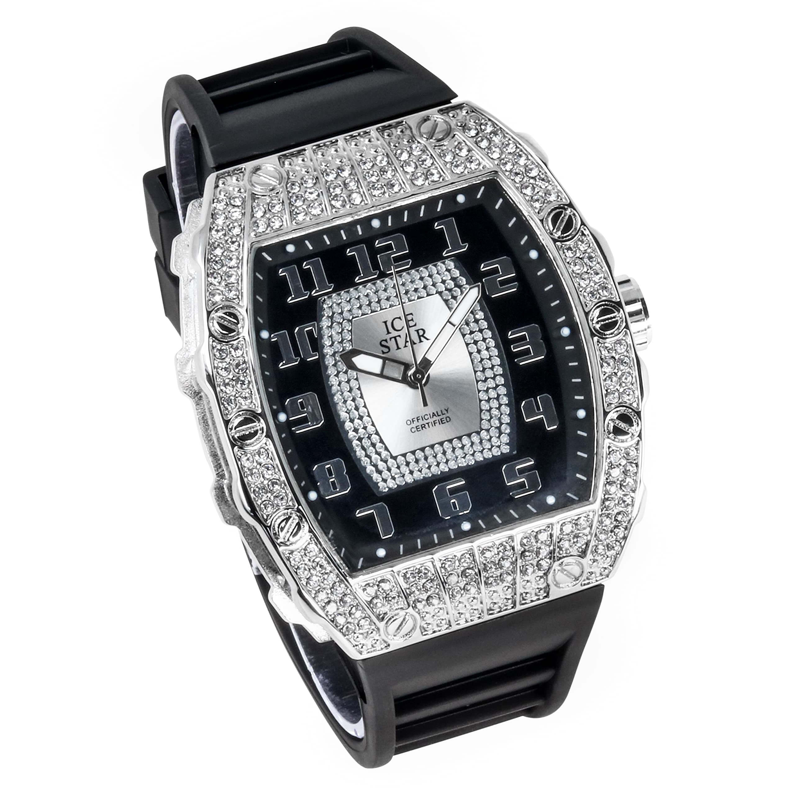 Men’s 41mm Iced Out Tonneau Watch - Silicone Band, Quartz Movement