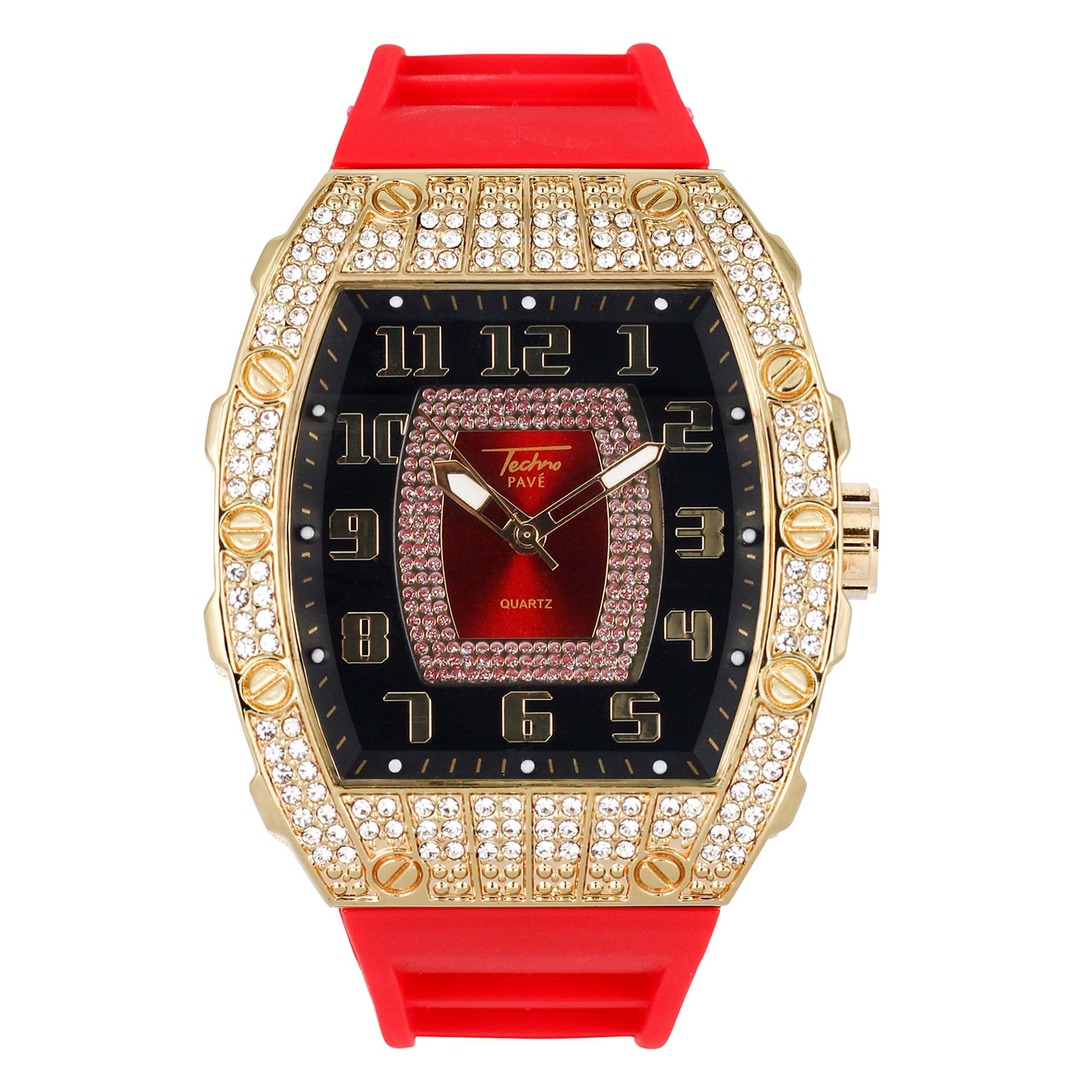 Men’s 41mm Iced Out Tonneau Watch - Silicone Band, Quartz Movement