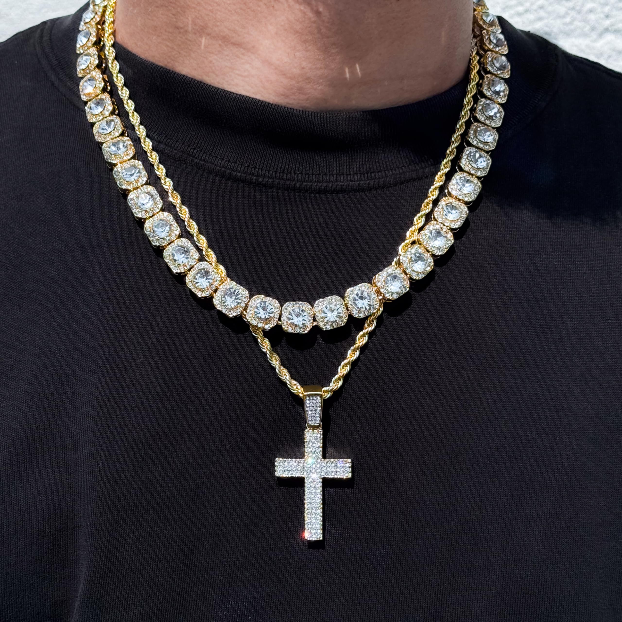 Men's Iced Out Pendant Necklace & Cluster Chain Set