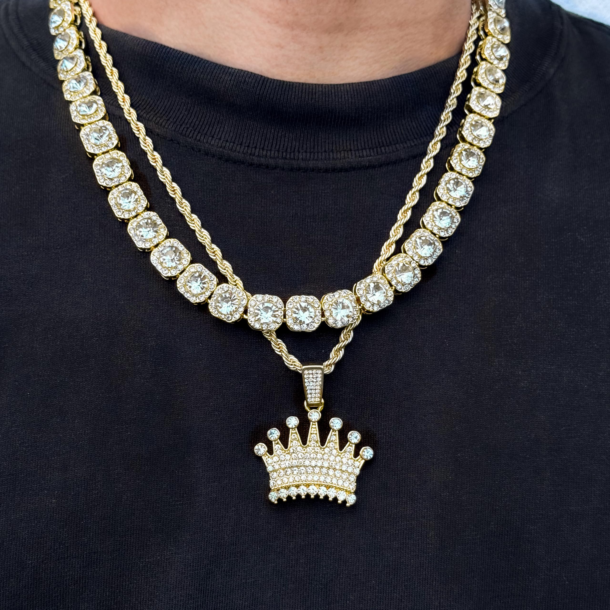 Men's Iced Out Pendant Necklace & Cluster Chain Set