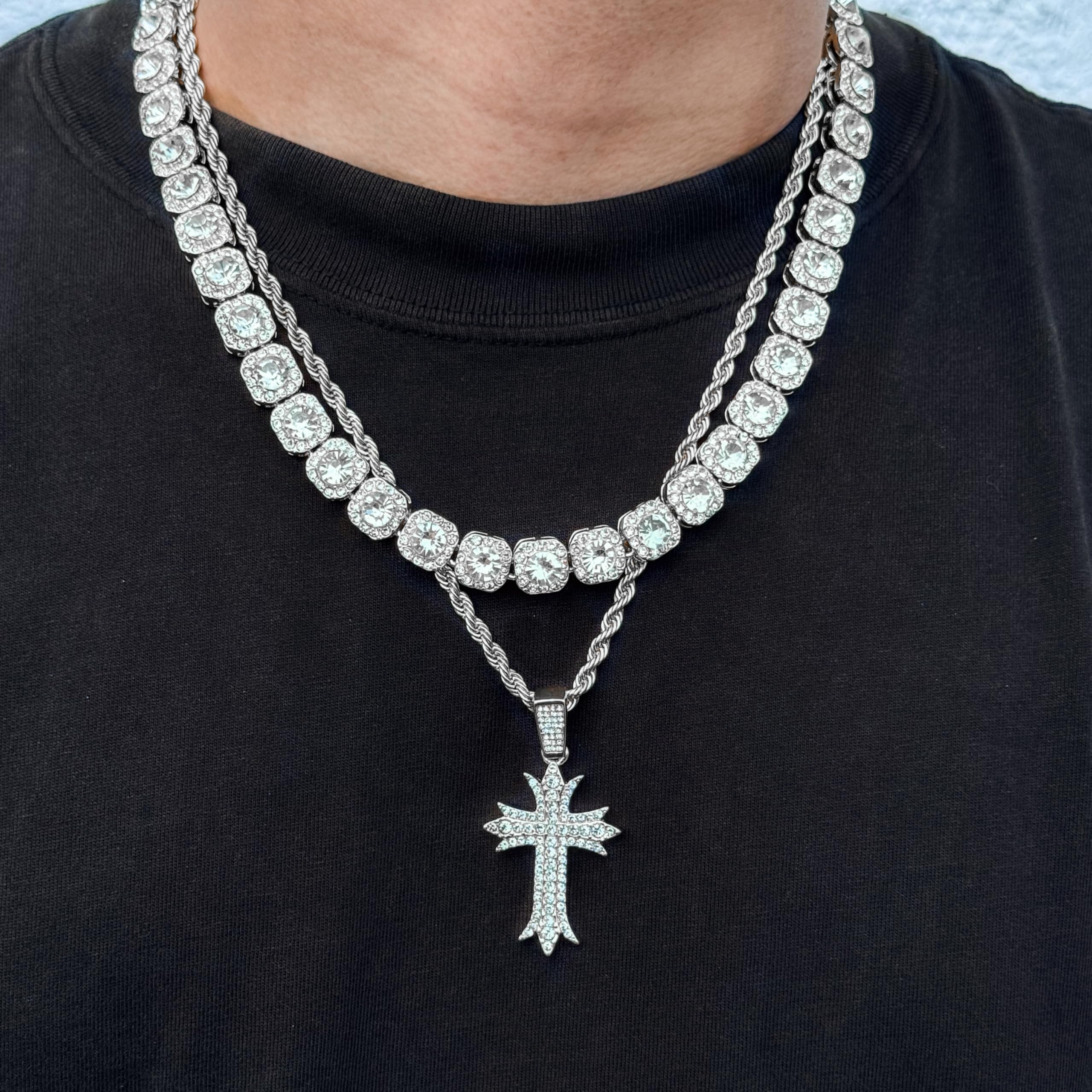Men's Iced Out Pendant Necklace & Cluster Chain Set