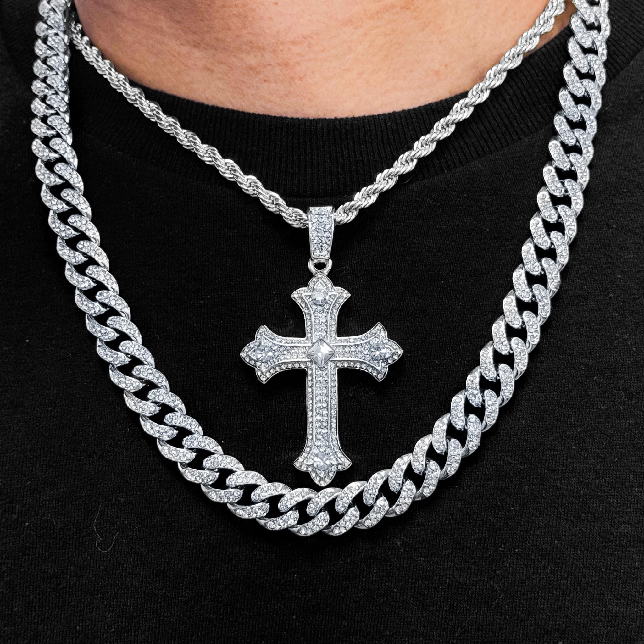 Men's Iced Out Cross Pendant Necklace and Cuban Chain Set