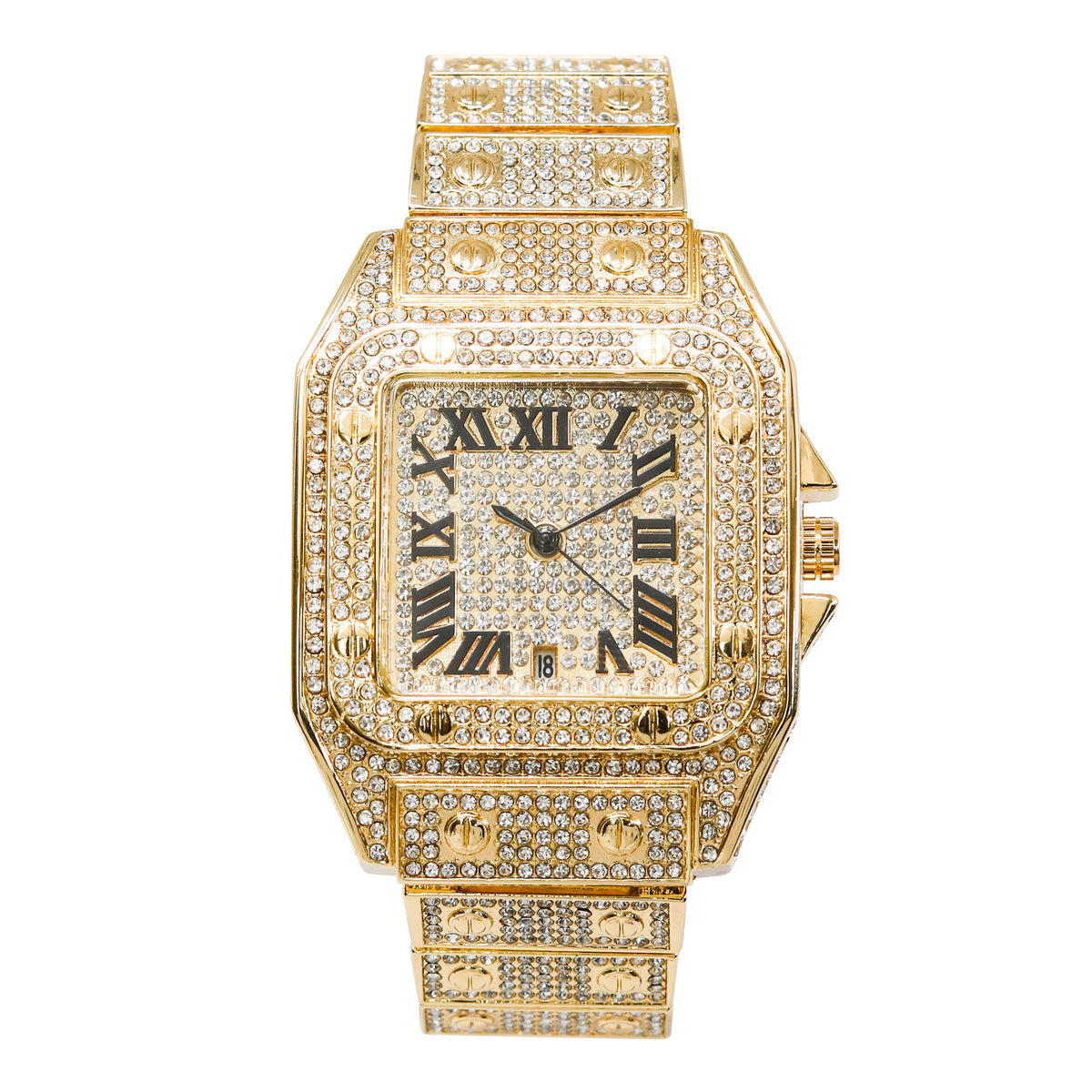 Men’s 43mm Iced Out Rectangular Roman Dial Watch - Metal Band, Quartz Movement