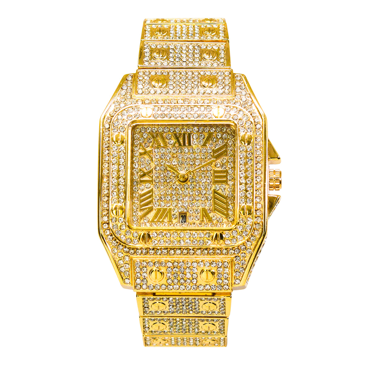 Men’s 43mm Iced Out Rectangular Roman Dial Watch - Metal Band, Quartz Movement