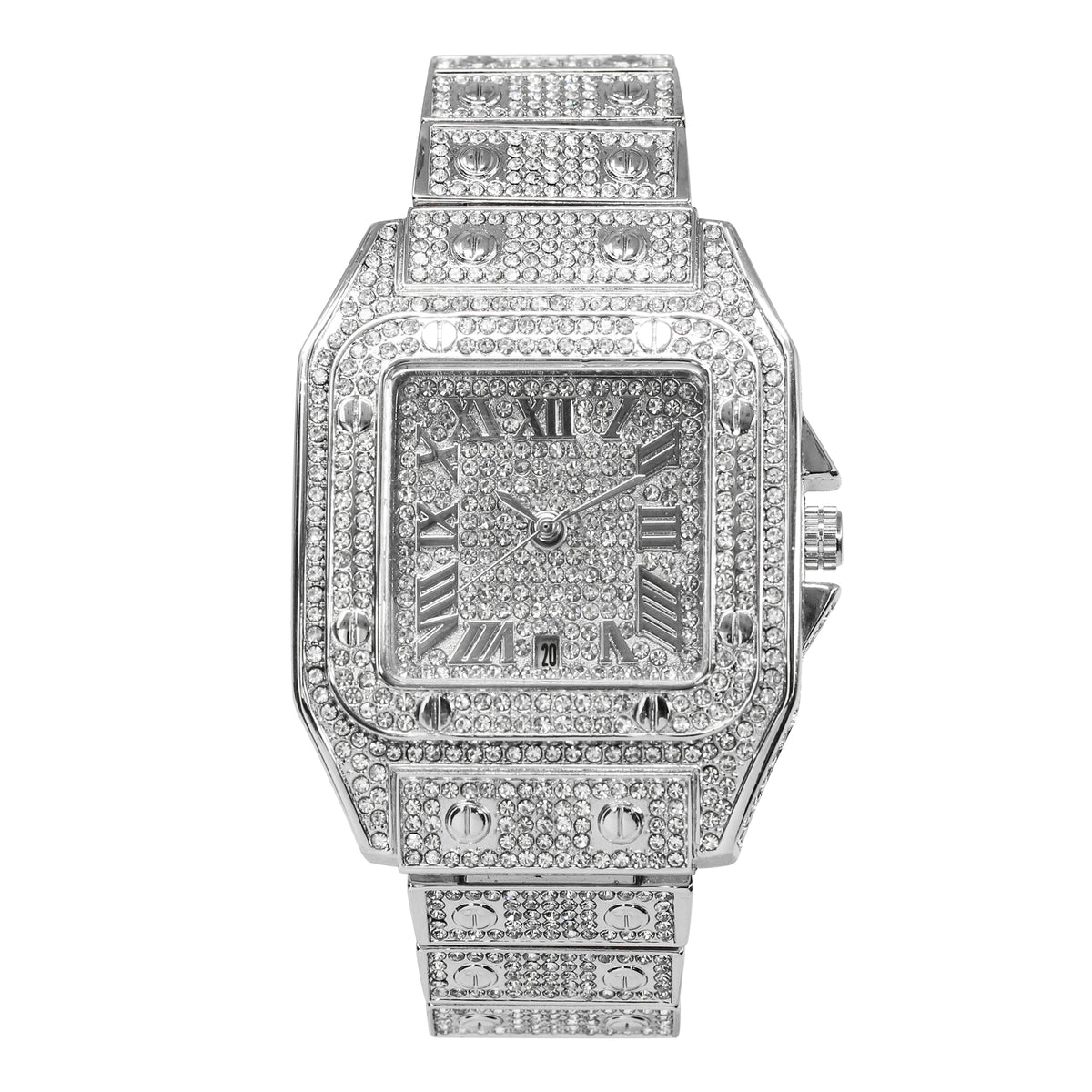 Men’s 43mm Iced Out Rectangular Roman Dial Watch - Metal Band, Quartz Movement