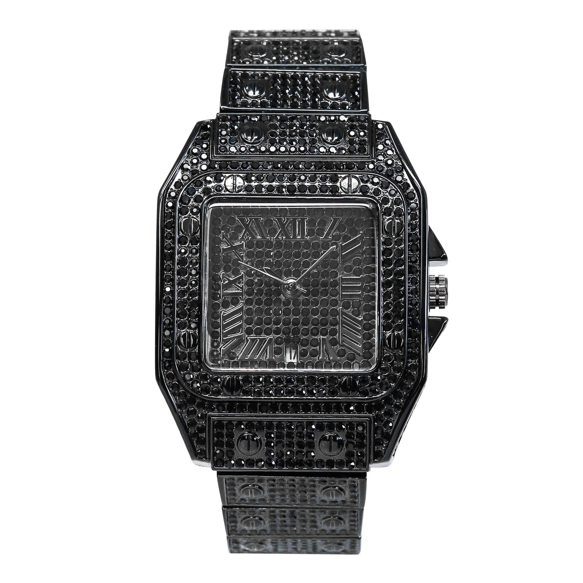 Men’s 43mm Iced Out Rectangular Roman Dial Watch - Metal Band, Quartz Movement