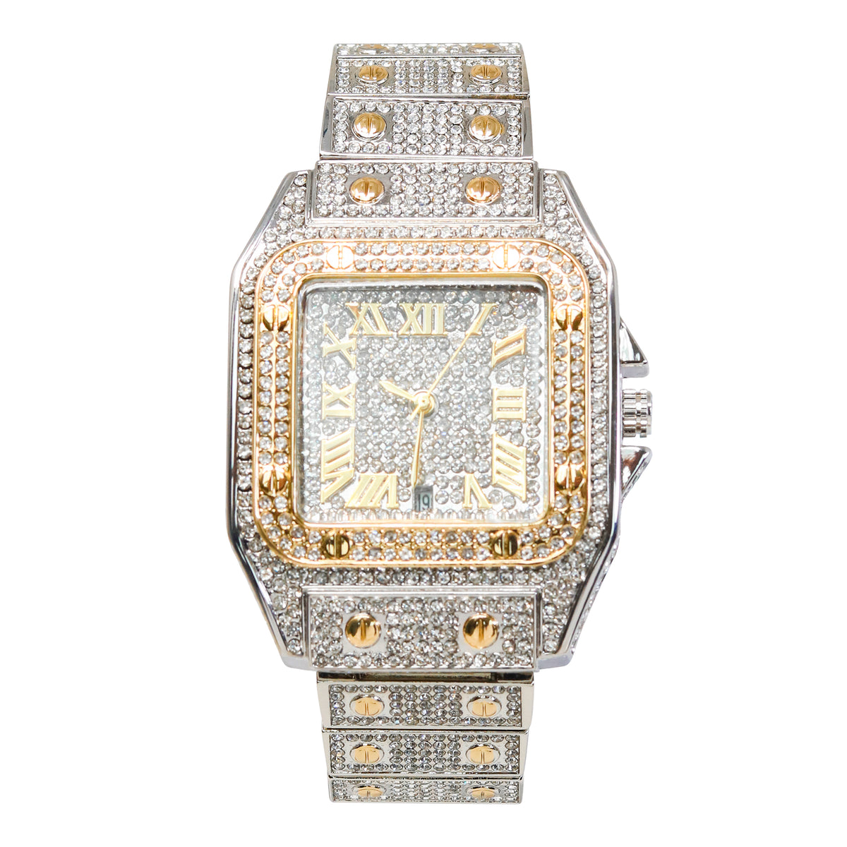 Men’s 43mm Iced Out Rectangular Roman Dial Watch - Metal Band, Quartz Movement