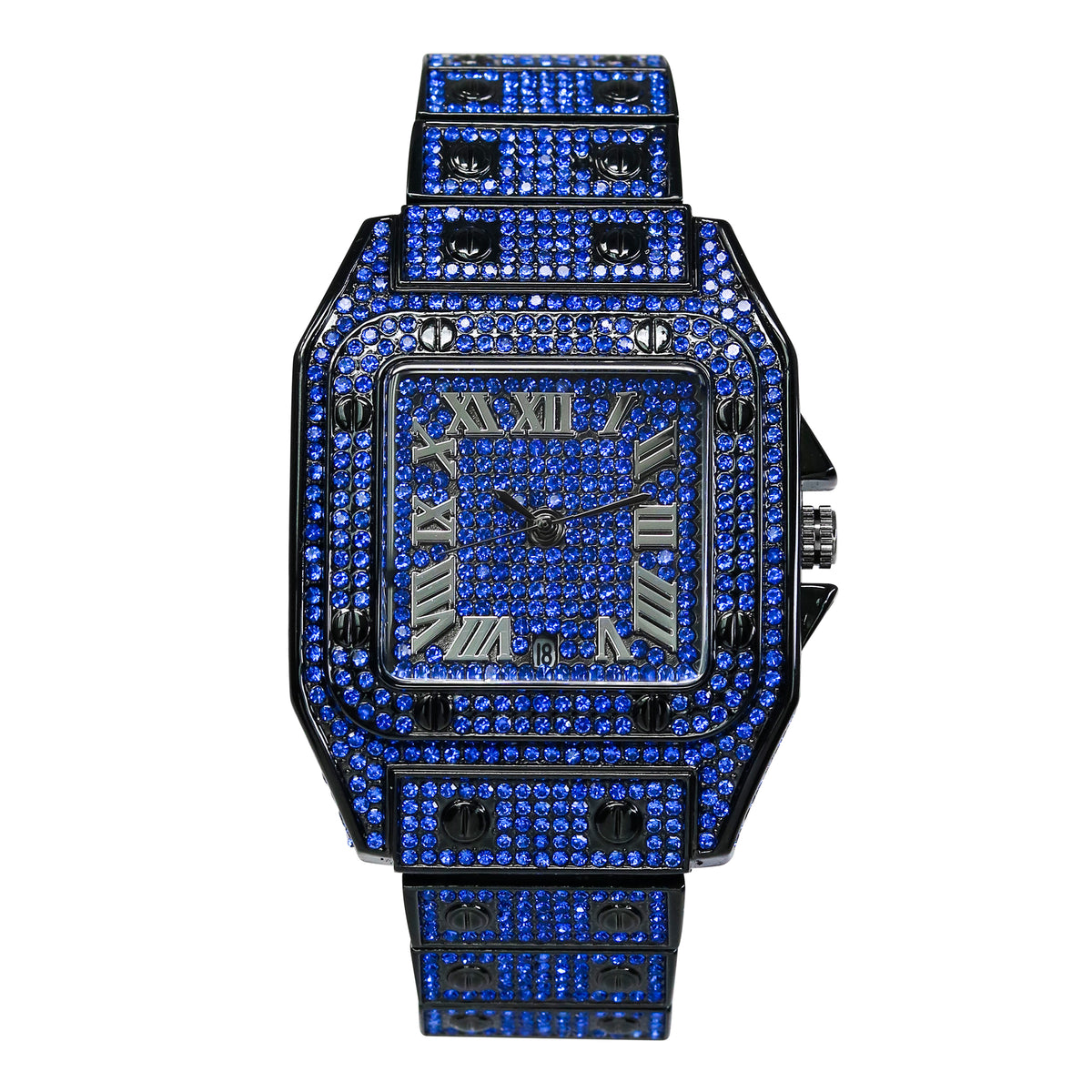 Men’s 43mm Iced Out Rectangular Roman Dial Watch - Metal Band, Quartz Movement