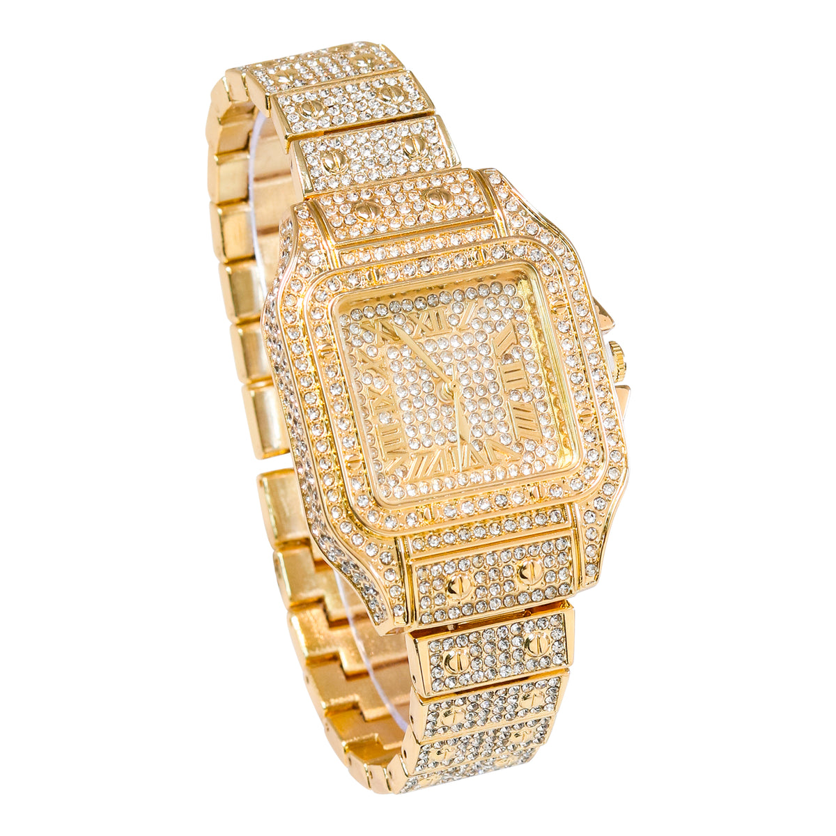 Women’s 36mm Iced Out Rectangular Roman Dial Watch - Metal Band, Quartz Movement