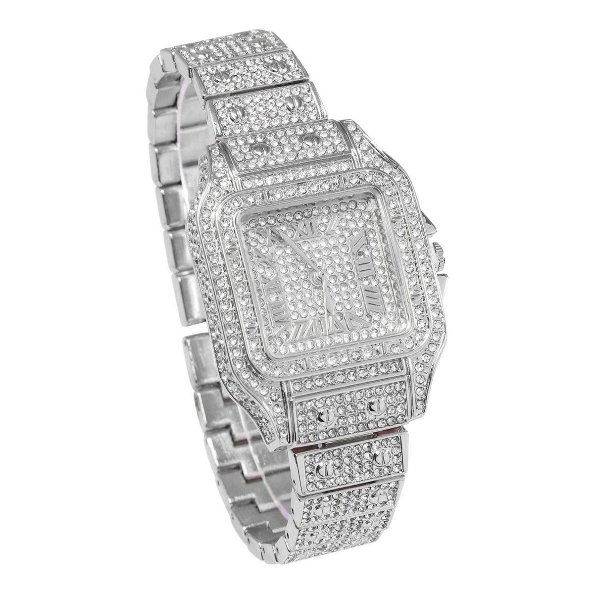 Women’s 36mm Iced Out Rectangular Roman Dial Watch - Metal Band, Quartz Movement