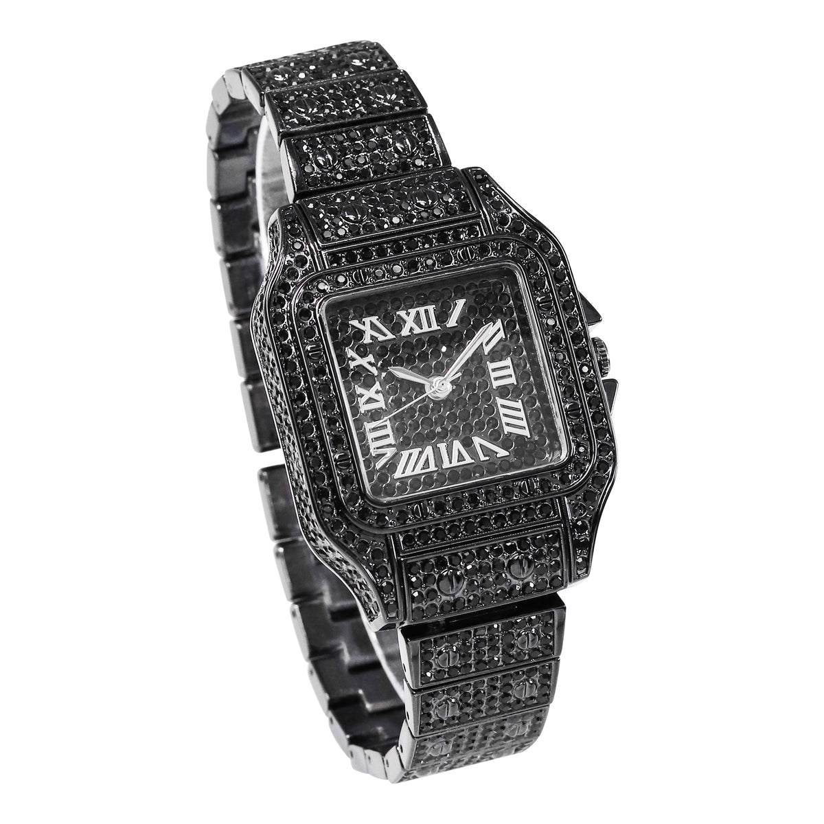 Women’s 36mm Iced Out Rectangular Roman Dial Watch - Metal Band, Quartz Movement