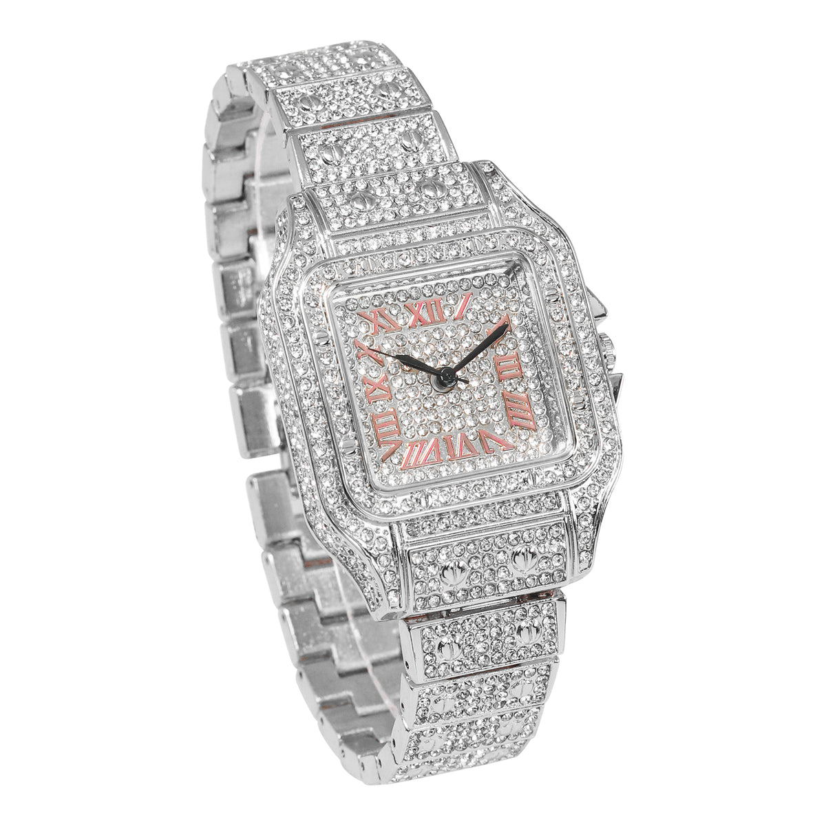 Women’s 36mm Iced Out Rectangular Roman Dial Watch - Metal Band, Quartz Movement