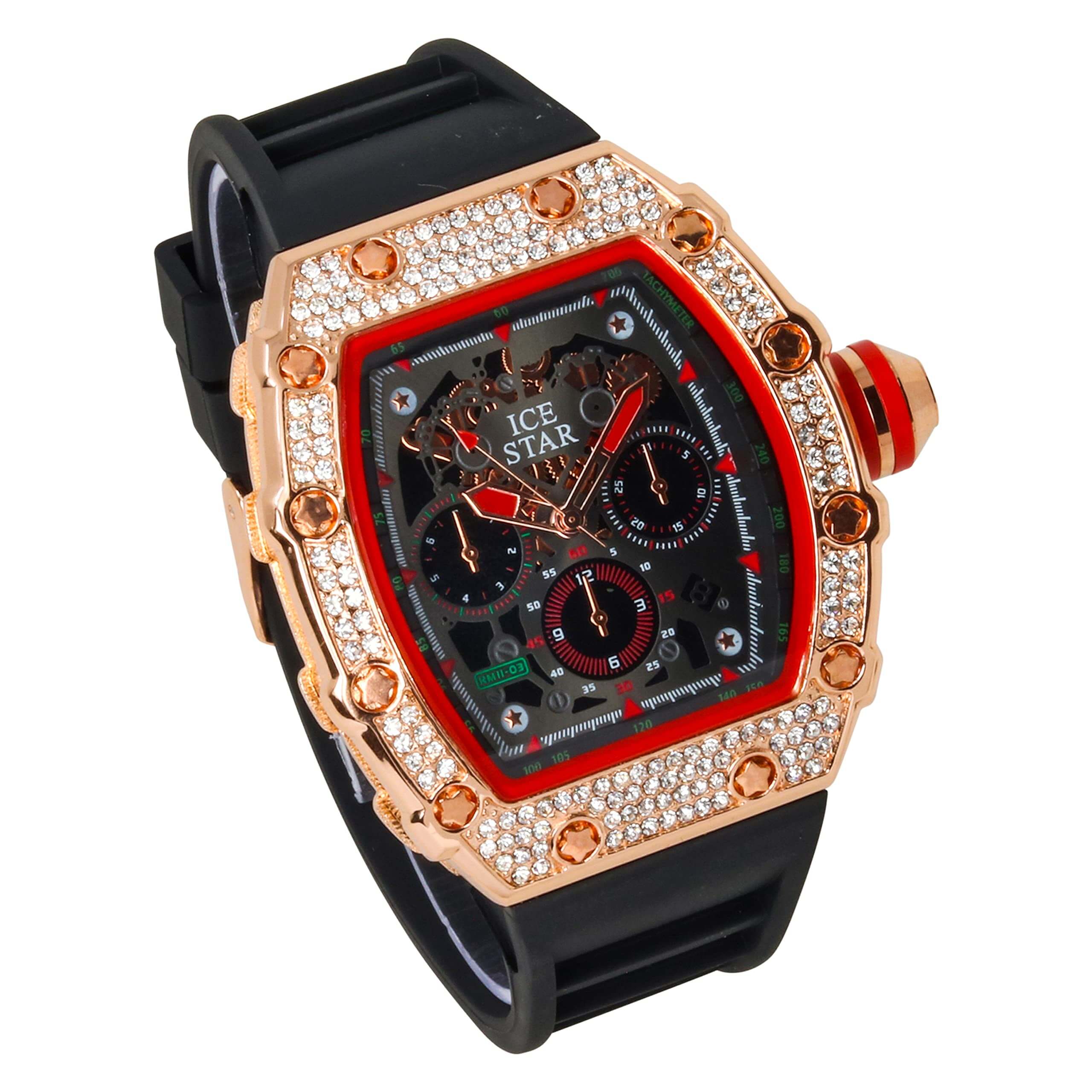 Men’s 45mm Iced Out Tonneau Watch - Silicone Band, Quartz Movement