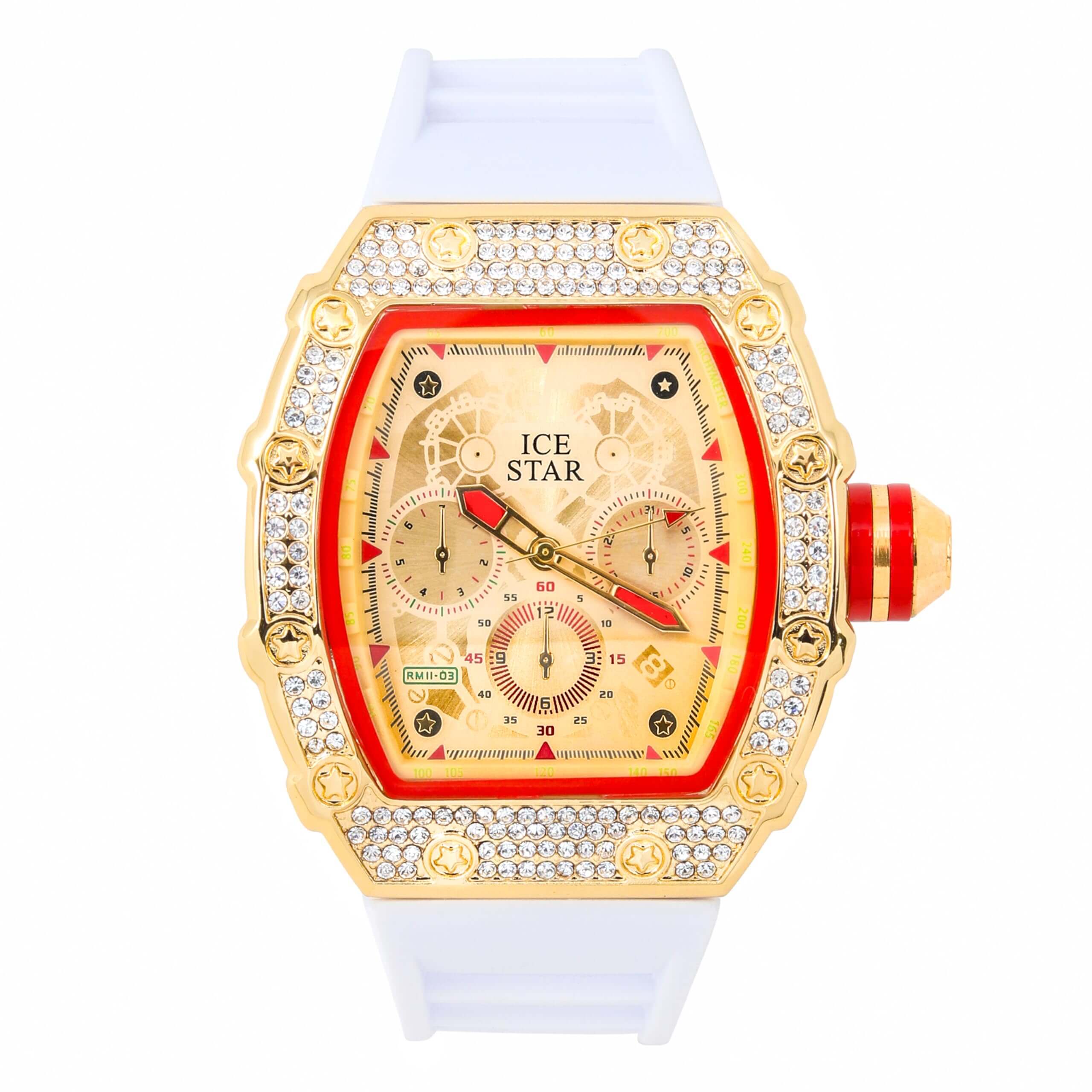 Men’s 45mm Iced Out Tonneau Watch - Silicone Band, Quartz Movement