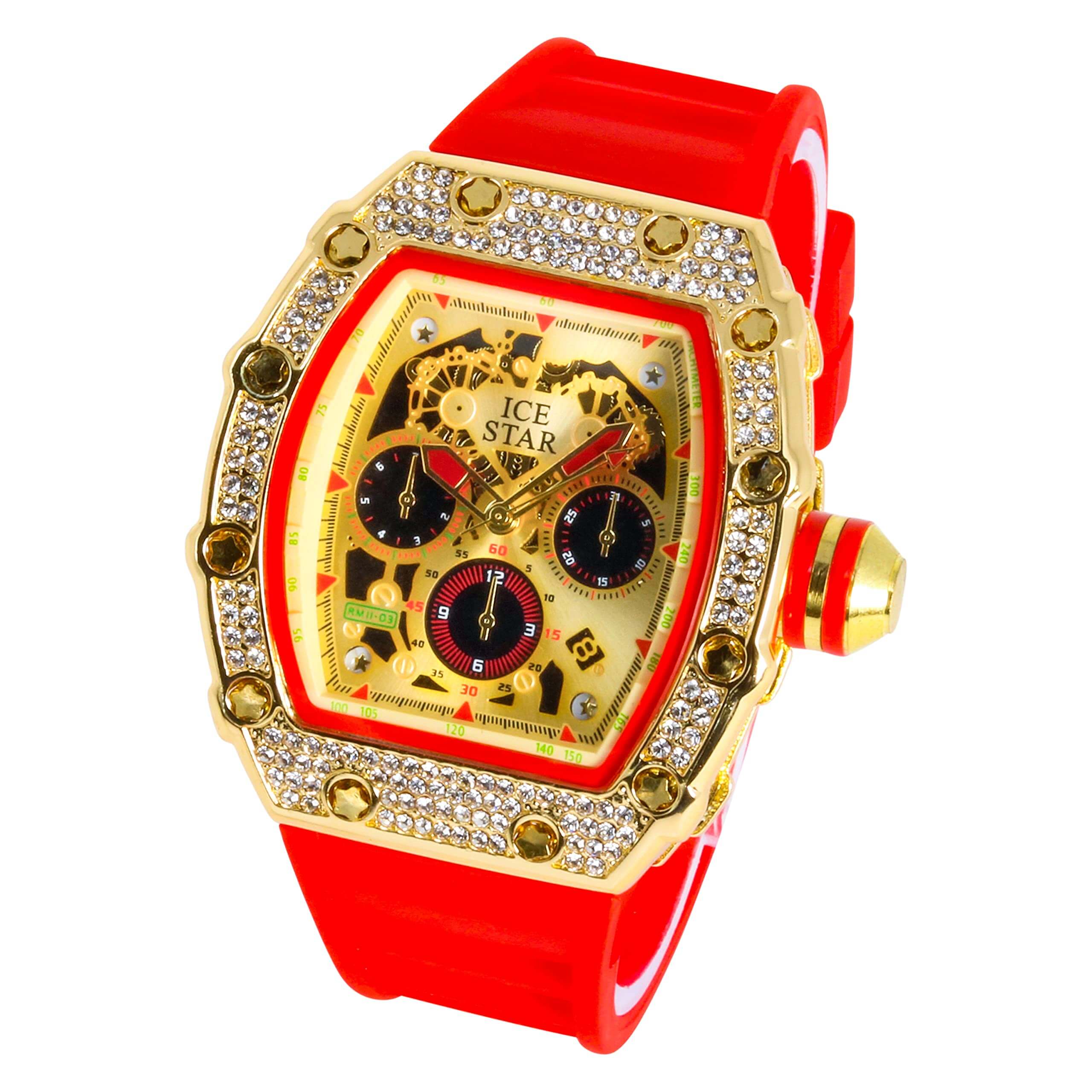 Men’s 45mm Iced Out Tonneau Watch - Silicone Band, Quartz Movement