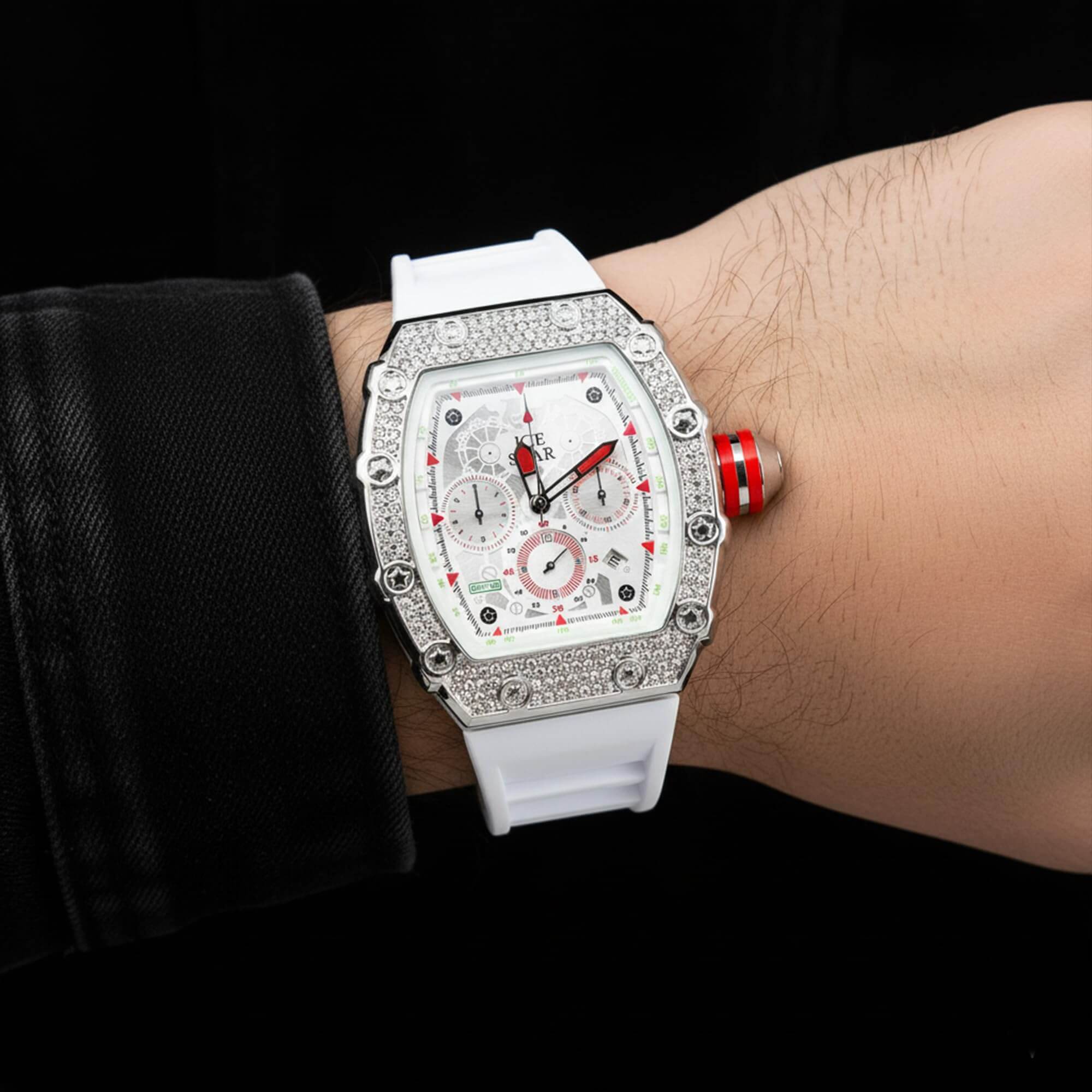 Men’s 45mm Iced Out Tonneau Watch - Silicone Band, Quartz Movement