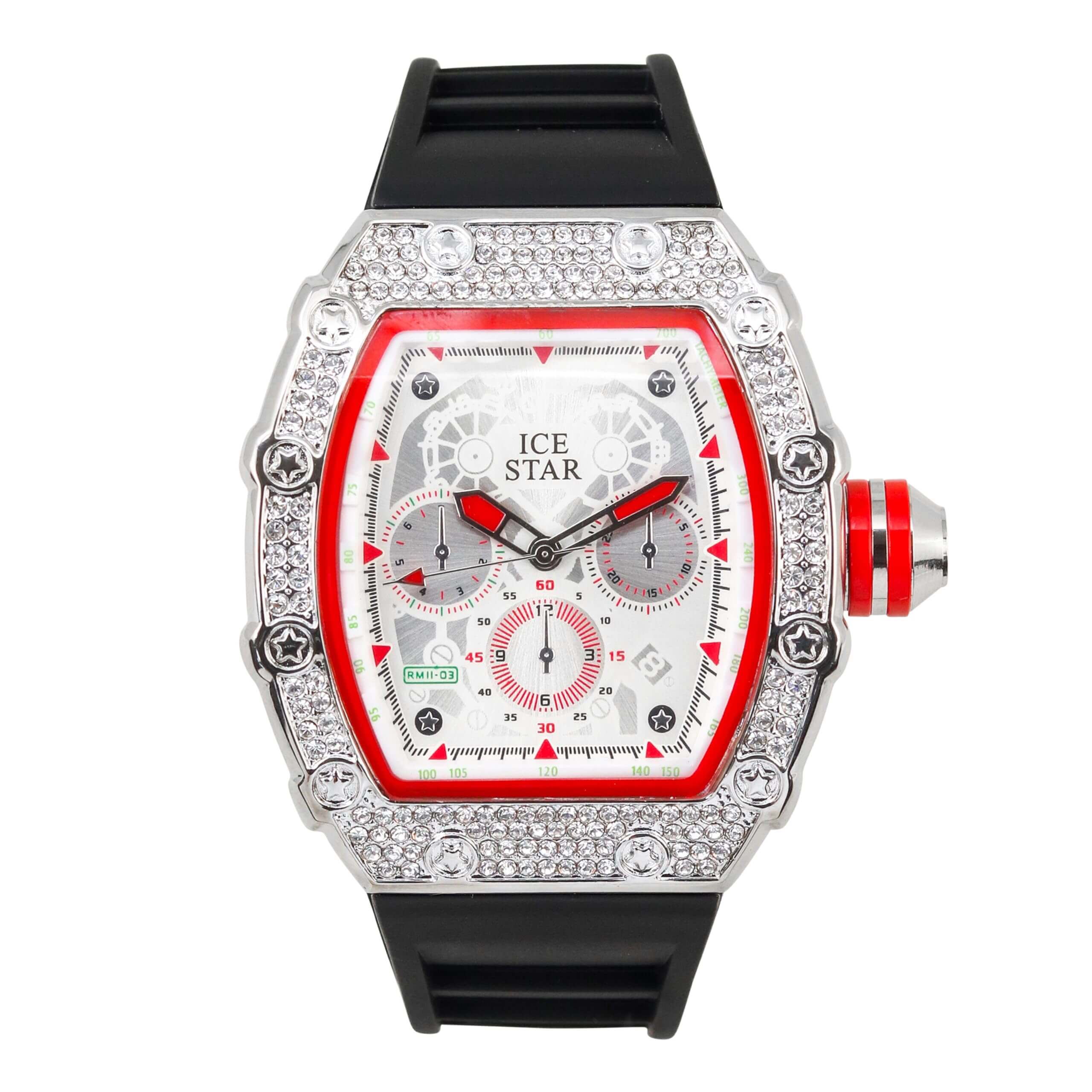 Men’s 45mm Iced Out Tonneau Watch - Silicone Band, Quartz Movement