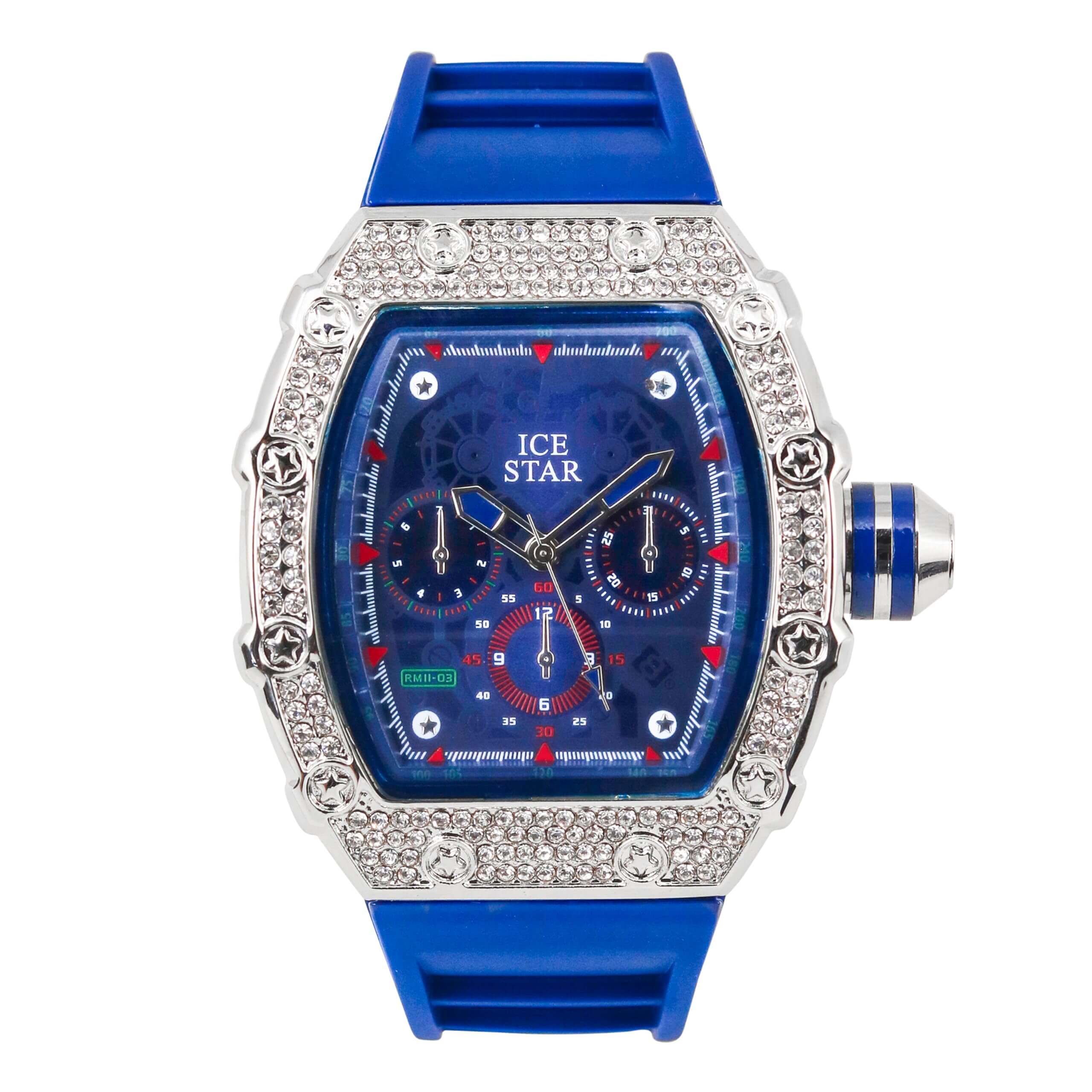 Men’s 45mm Iced Out Tonneau Watch - Silicone Band, Quartz Movement