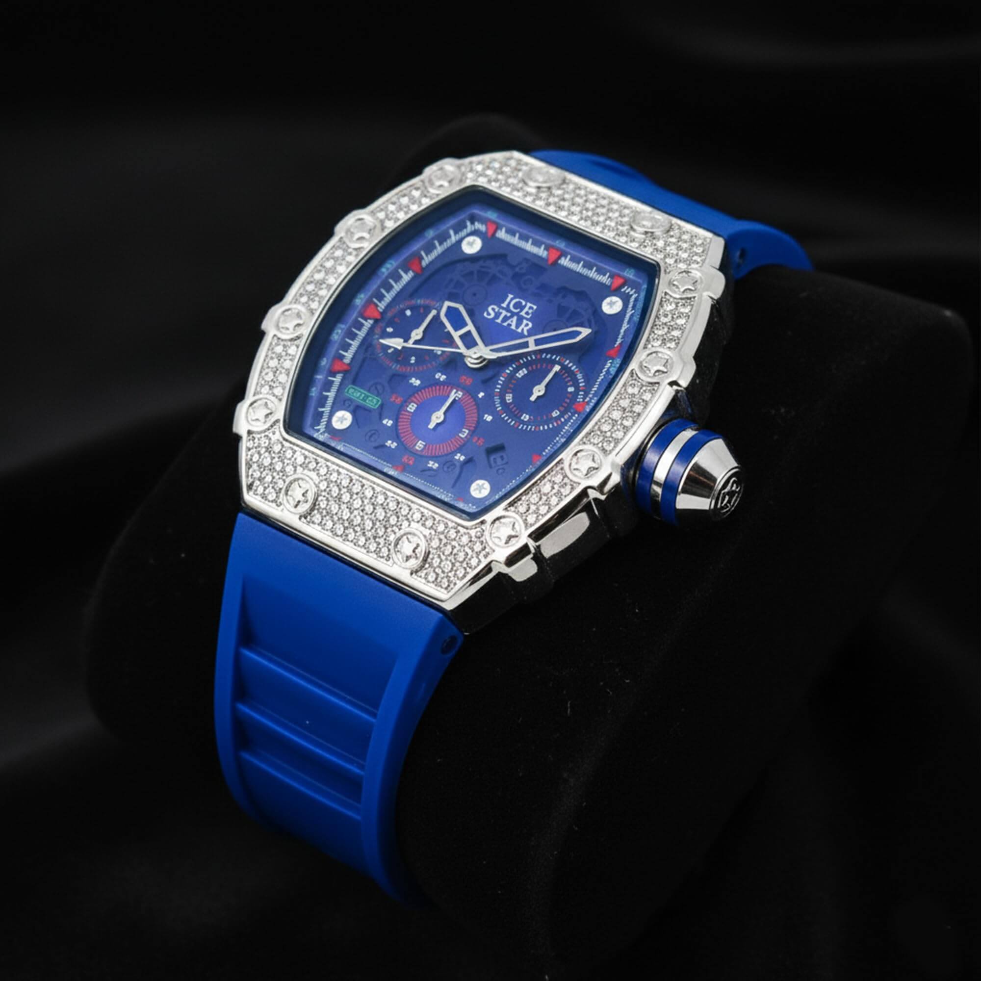 Men’s 45mm Iced Out Tonneau Watch - Silicone Band, Quartz Movement