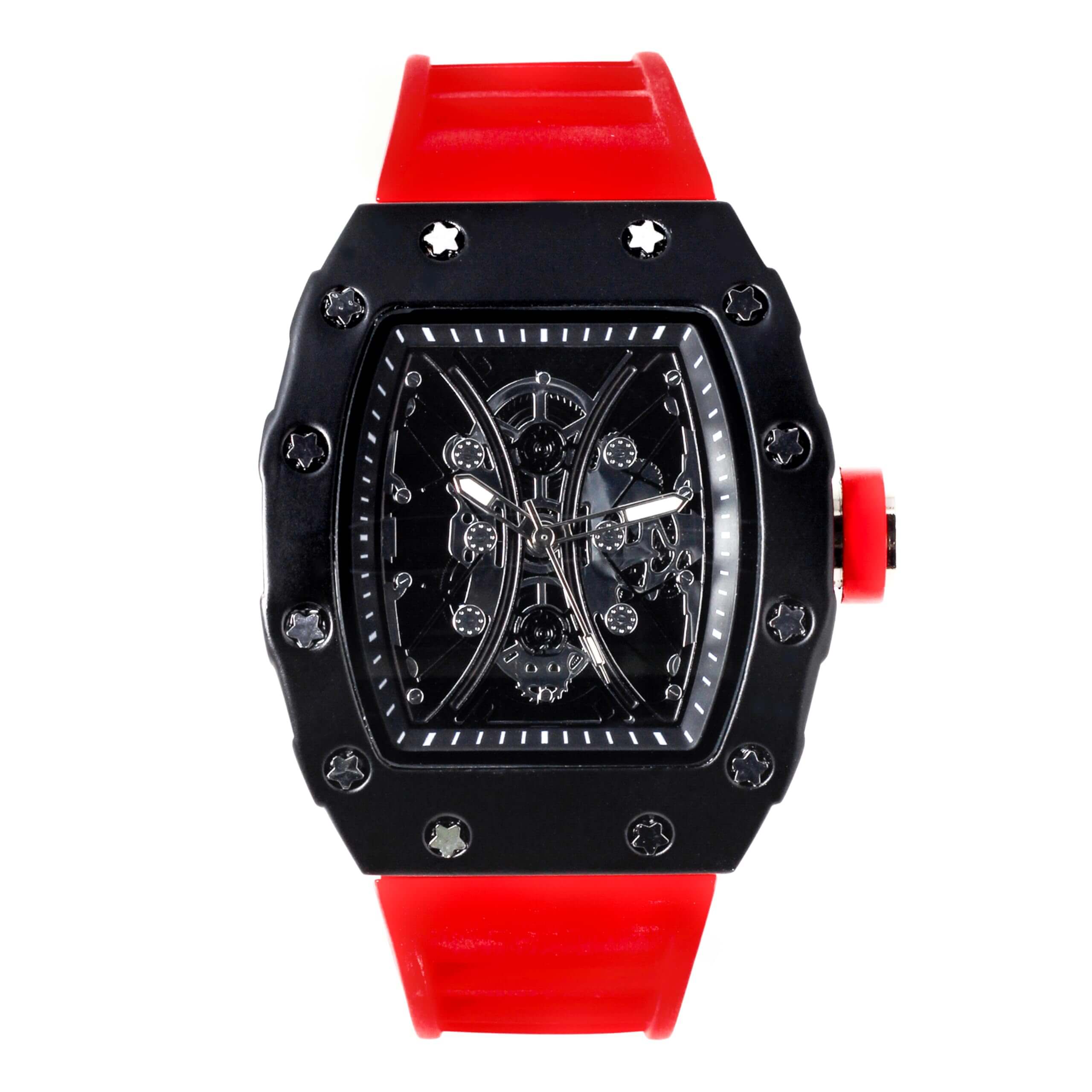 Men's 42mm Tonneau Watch - Skeleton Dial, Matte Finish, and Adjustable Silicone Band - Quartz Movement
