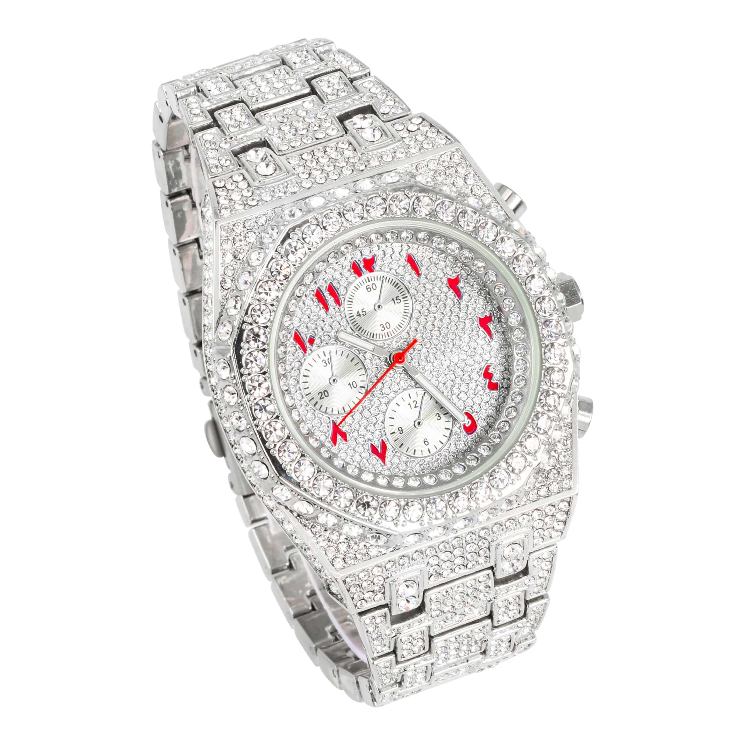 Men's 43mm Luxury Iced Out Watch with Fully Iced Band - Quartz Movement, Octagon Bezel, Arabic Dial - Diamond-Encrusted Timepiece