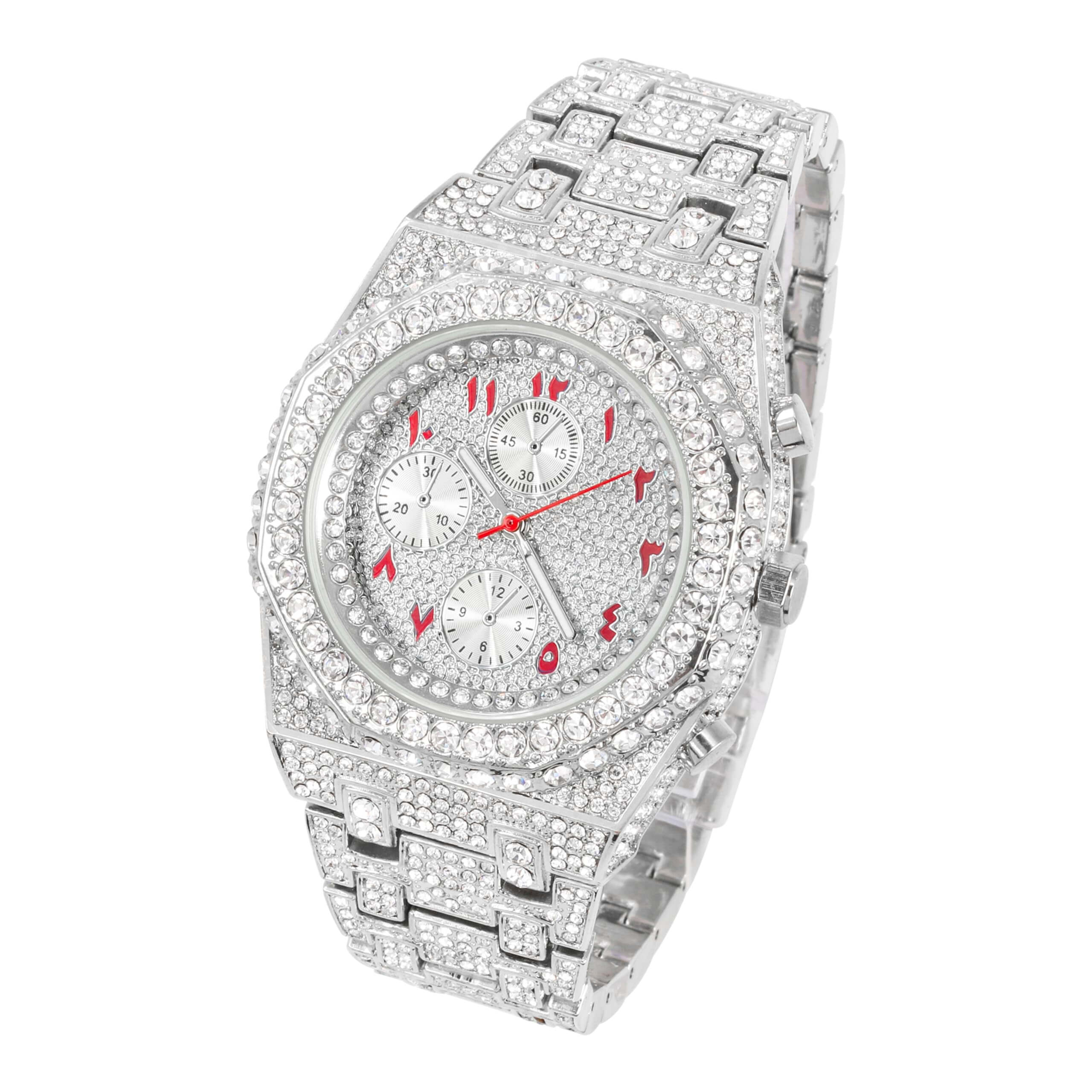 Men's 43mm Luxury Iced Out Watch with Fully Iced Band - Quartz Movement, Octagon Bezel, Arabic Dial - Diamond-Encrusted Timepiece