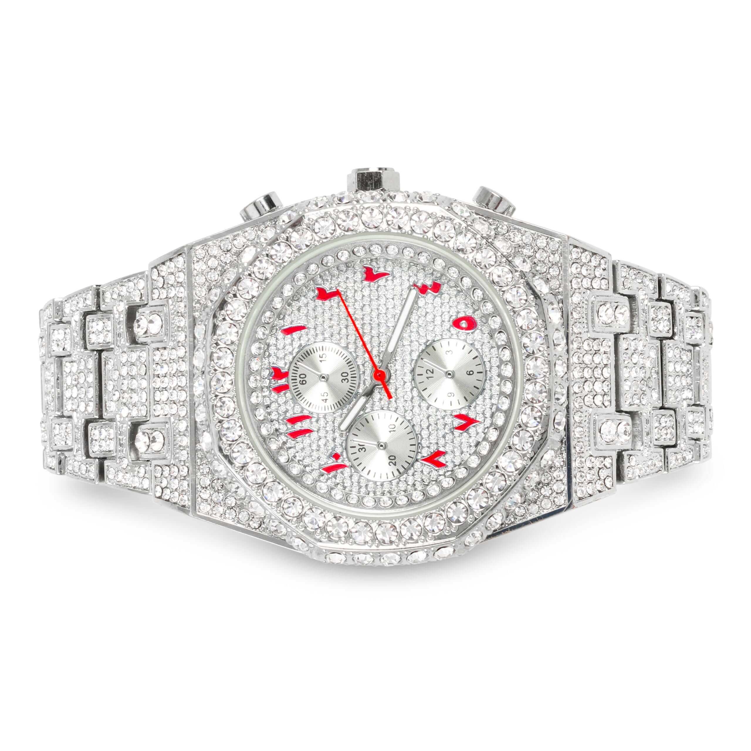Men's 43mm Luxury Iced Out Watch with Fully Iced Band - Quartz Movement, Octagon Bezel, Arabic Dial - Diamond-Encrusted Timepiece
