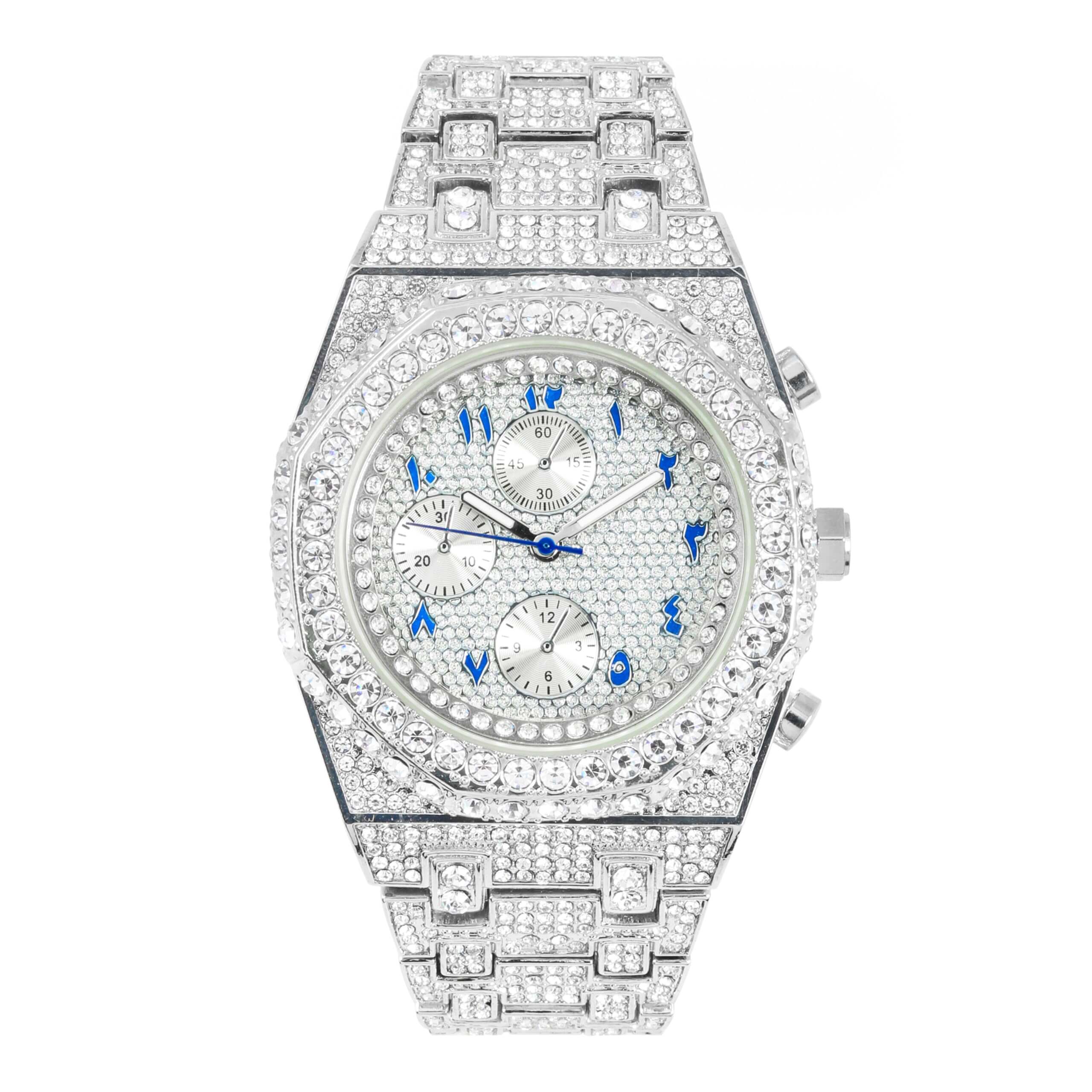 Men's 43mm Luxury Iced Out Watch with Fully Iced Band - Quartz Movement, Octagon Bezel, Arabic Dial - Diamond-Encrusted Timepiece