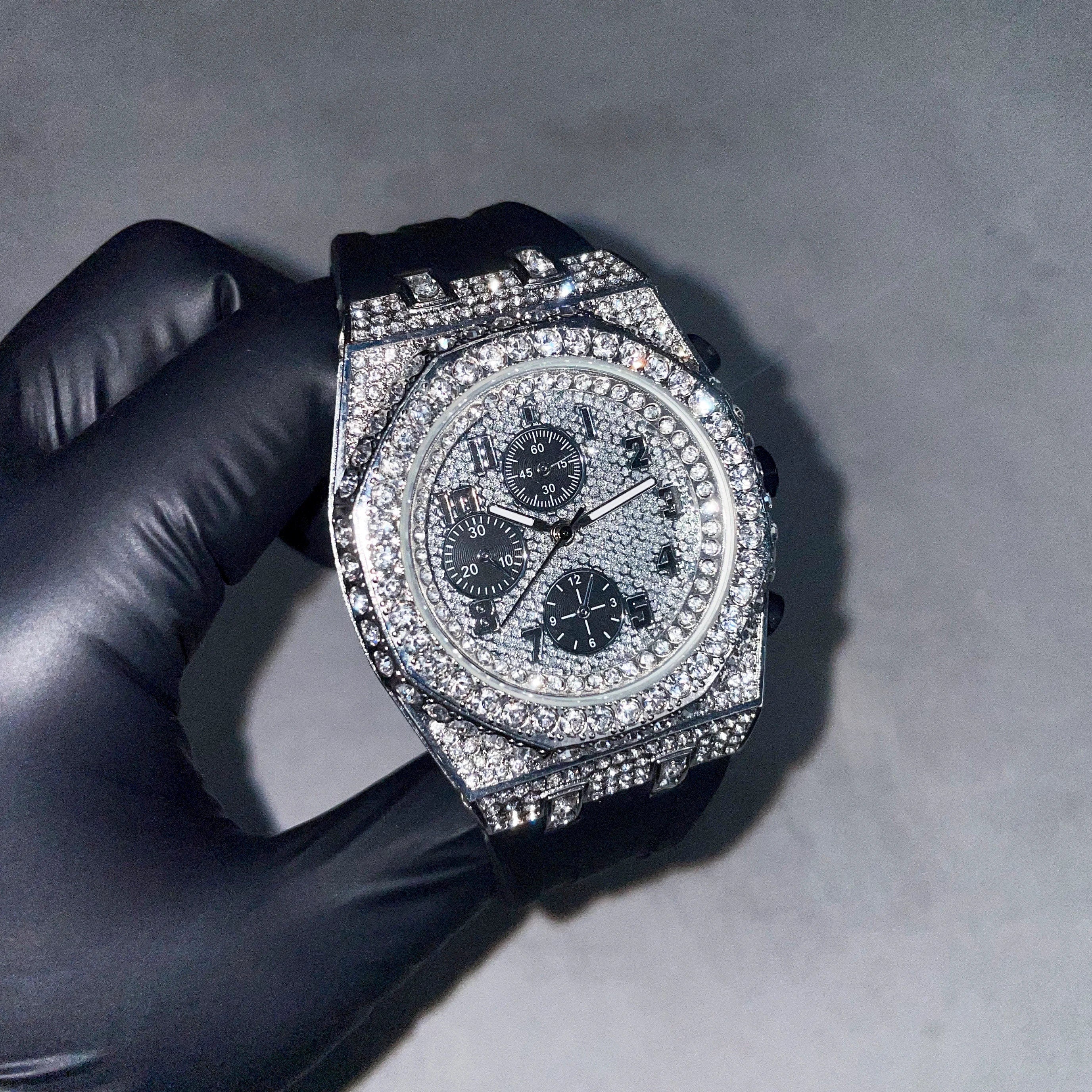 Men's 43mm Octagon Bezel Diamond Watch and Bracelet Set - Fully Iced Out Bezel with Silicon Band - Quartz Movement