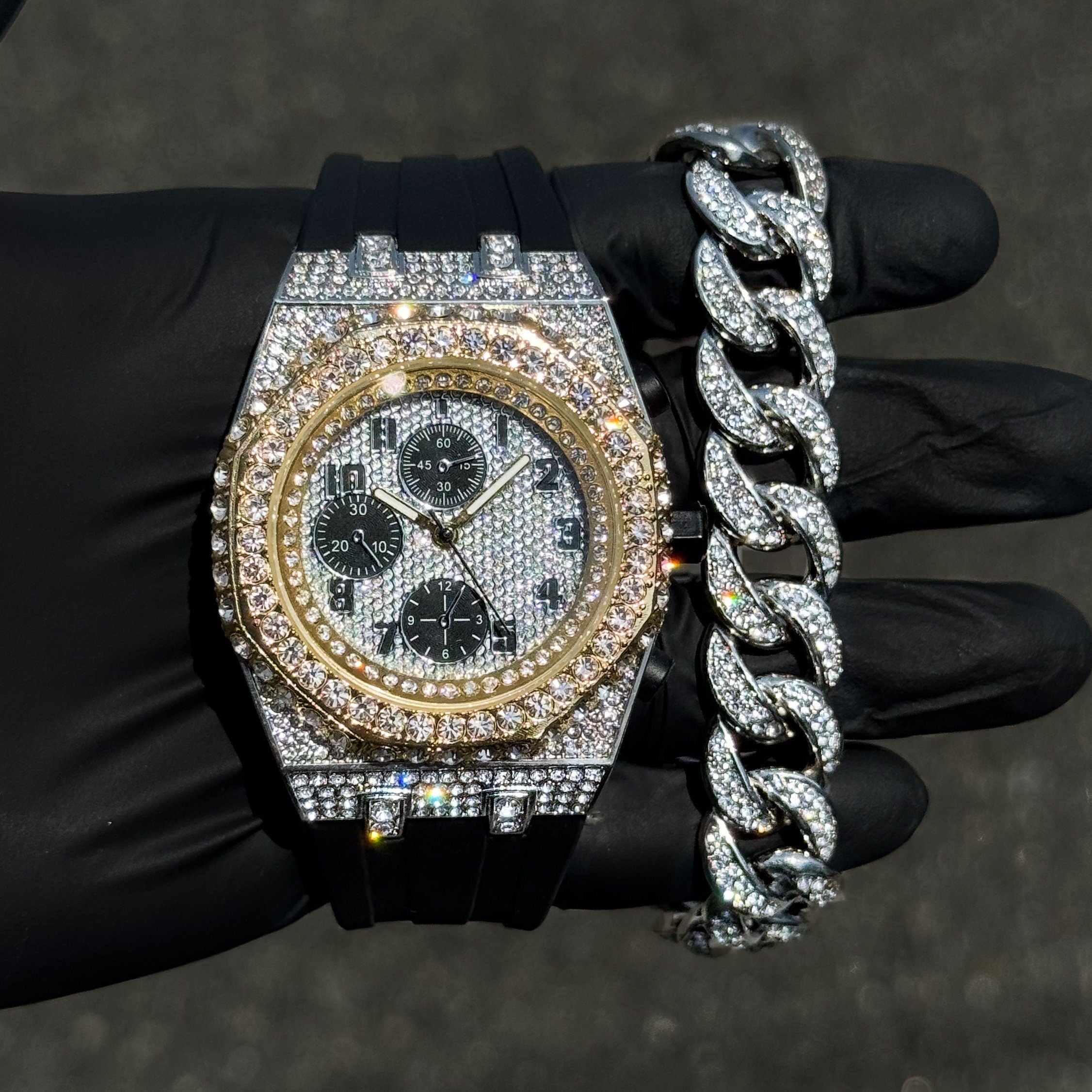 Men's 43mm Octagon Bezel Diamond Watch and Bracelet Set - Fully Iced Out Bezel with Silicon Band - Quartz Movement