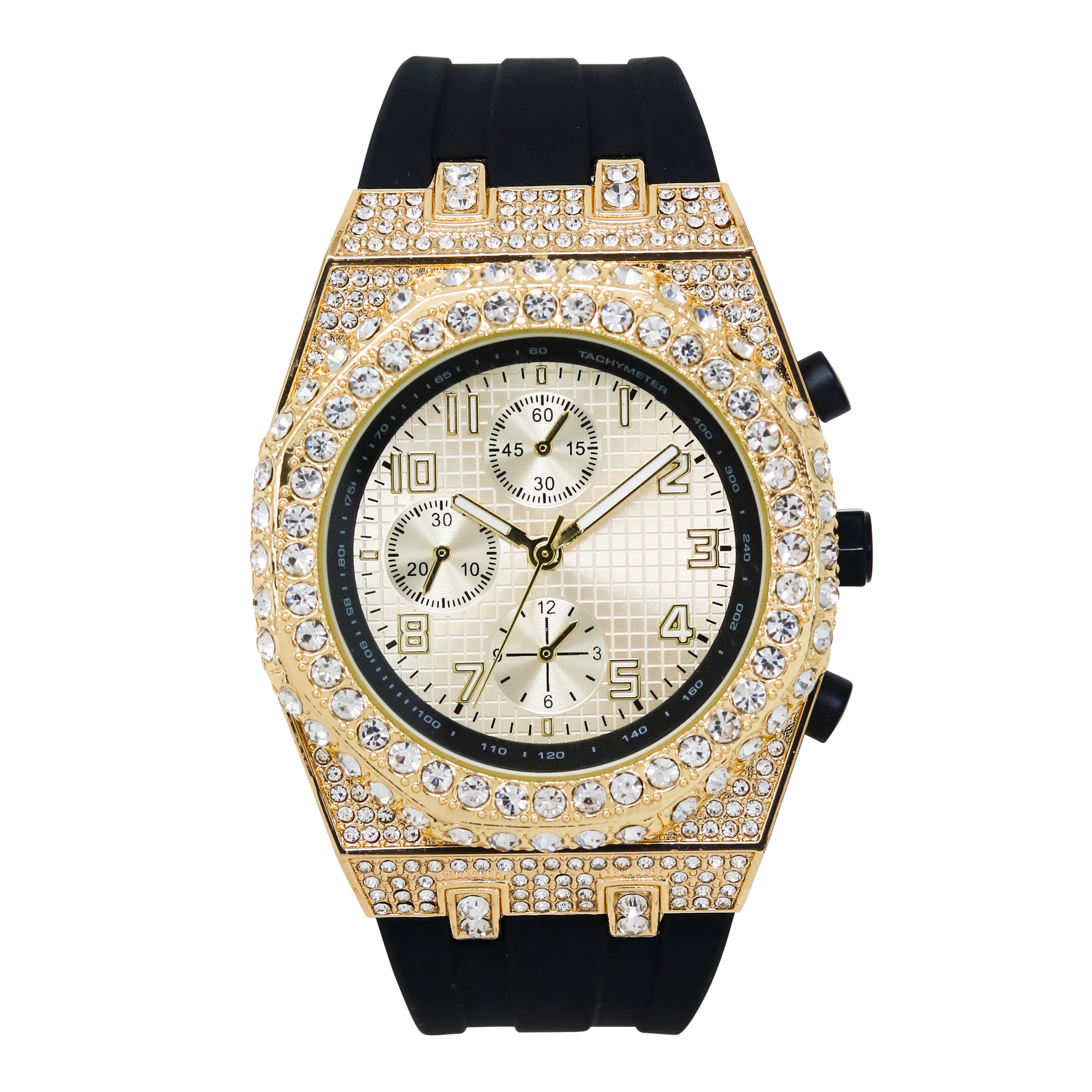 Men's 43mm Iced Out Bezel Octagon Watch - Silicone Band, Quartz Movement