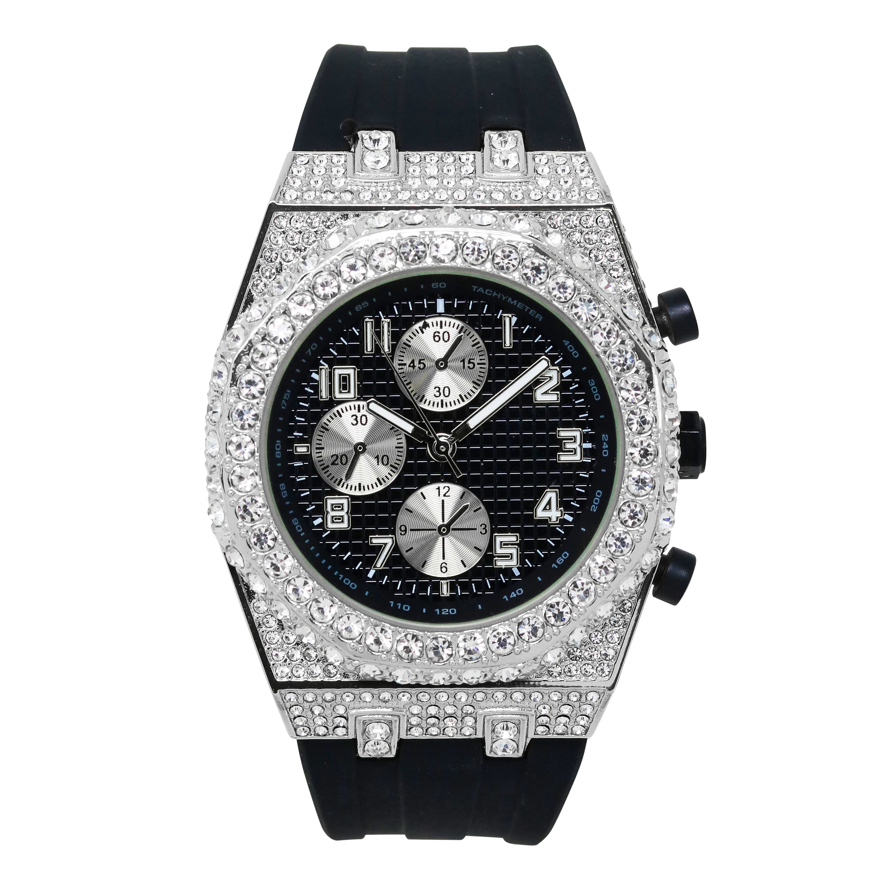 Men's 43mm Iced Out Bezel Octagon Watch - Silicone Band, Quartz Movement
