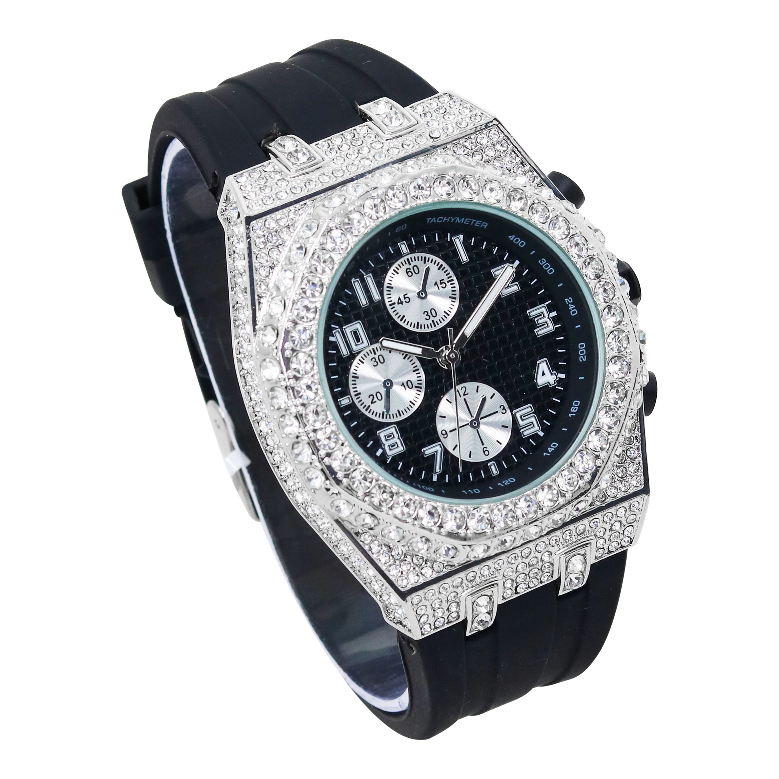 Men's 43mm Iced Out Bezel Octagon Watch - Silicone Band, Quartz Movement