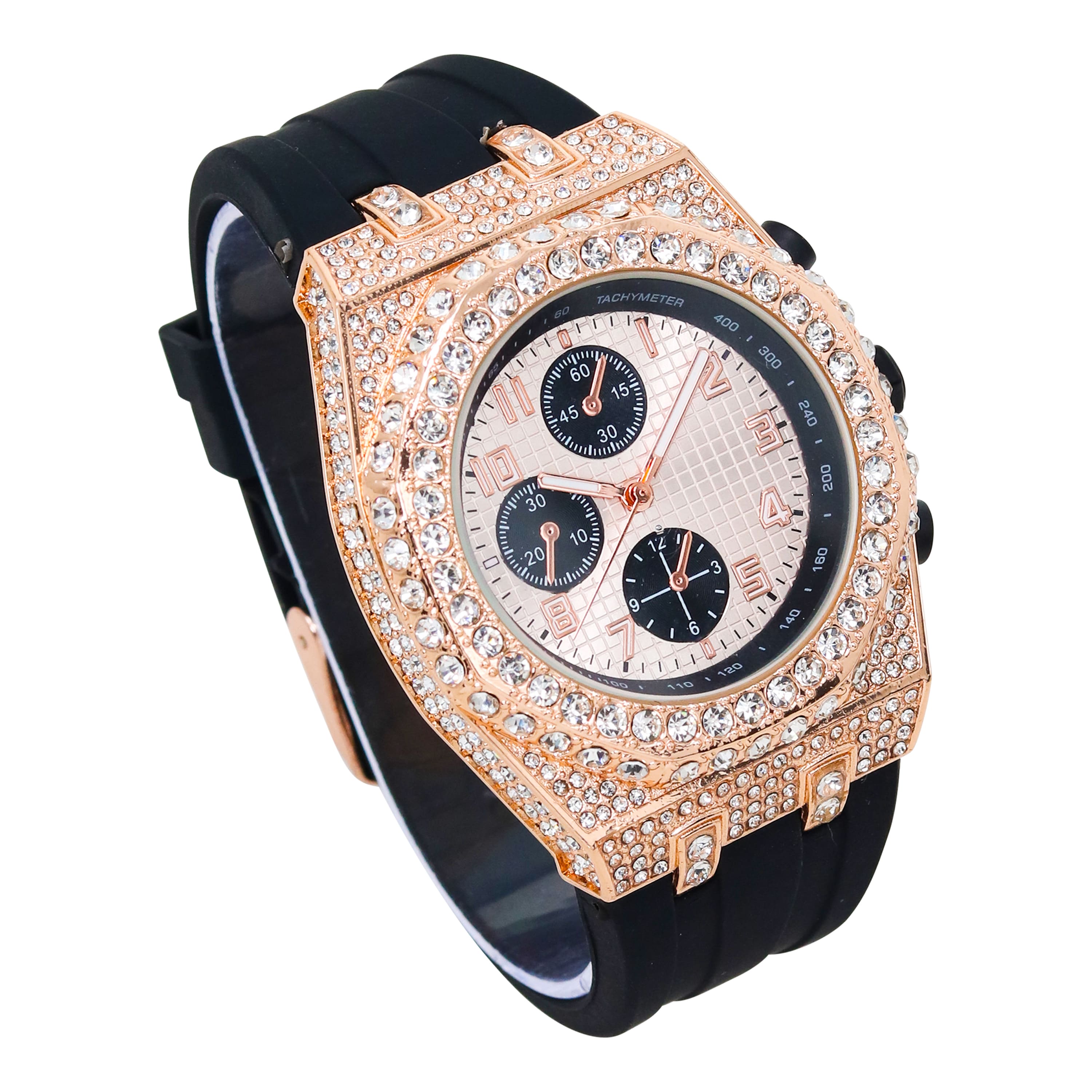 Men's 43mm Iced Out Bezel Octagon Watch - Silicone Band, Quartz Movement