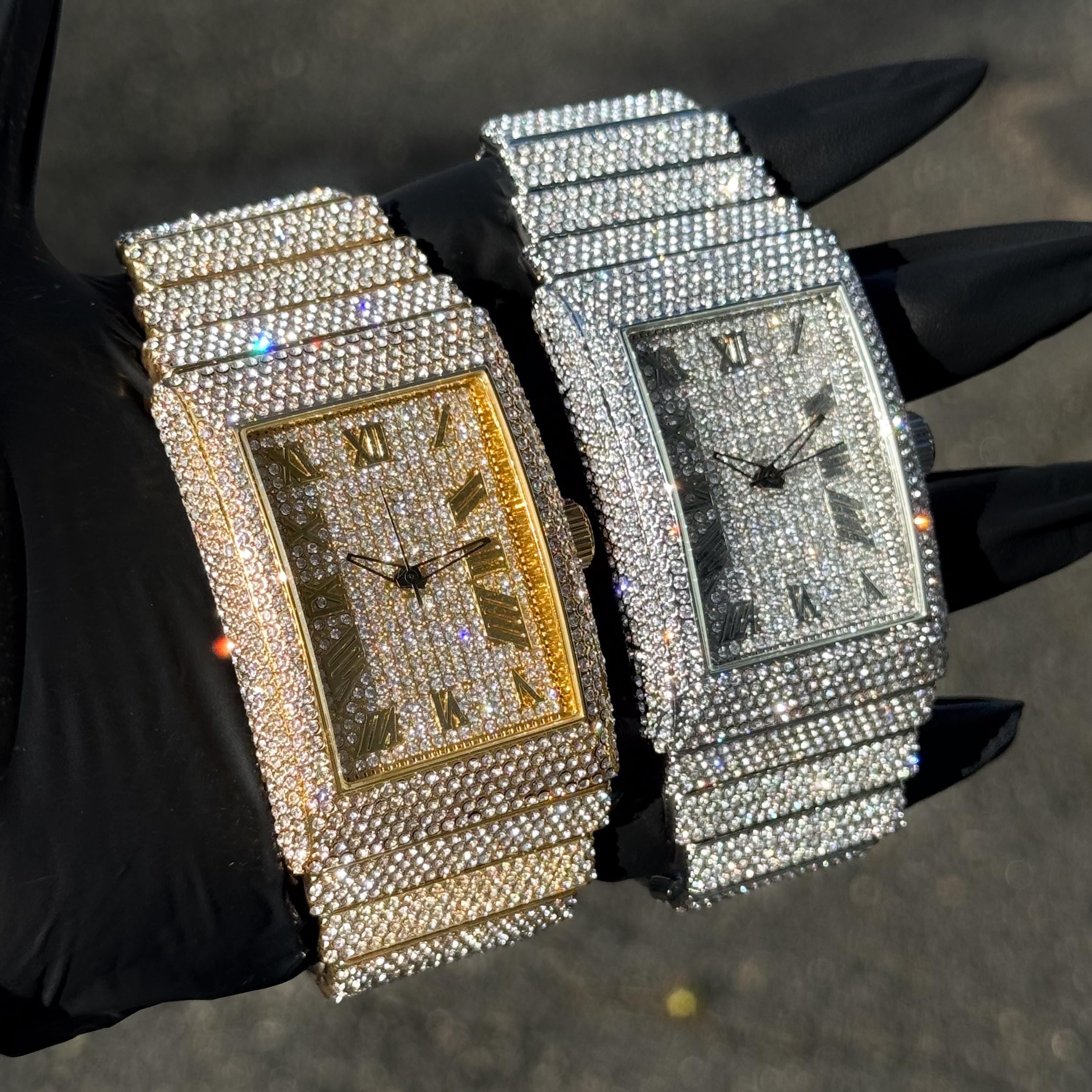 Gold and silver men’s 40mm fully iced-out diamond watches with rectangular dials and luxury shine.