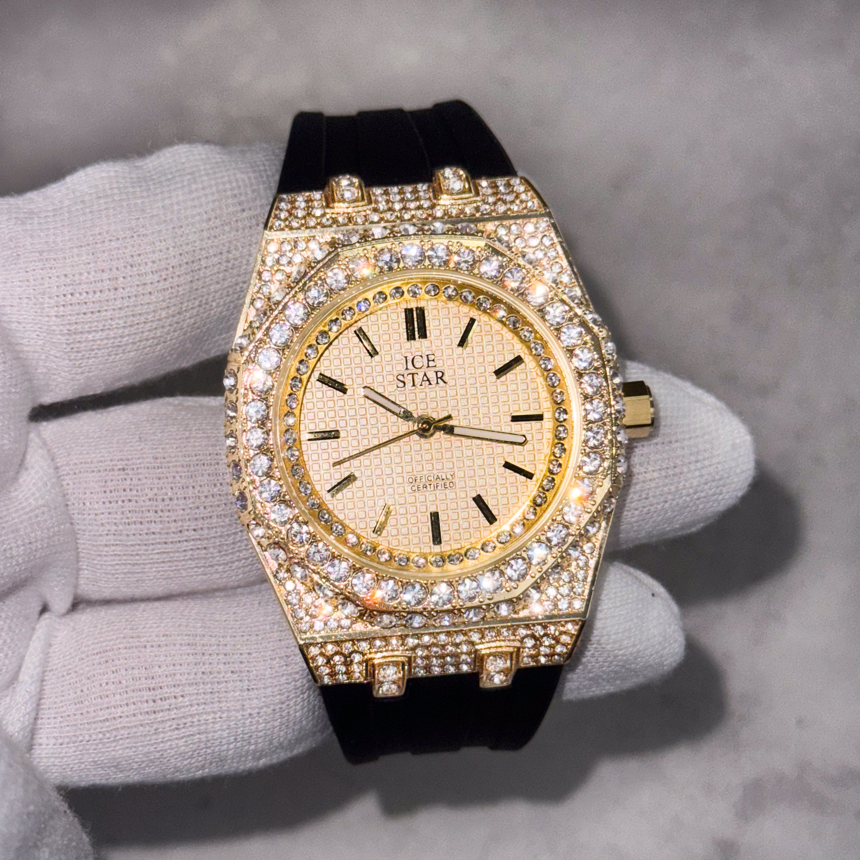 Gold Men's 43mm silicone band diamond watch with iced-out octagon bezel and textured gold dial.