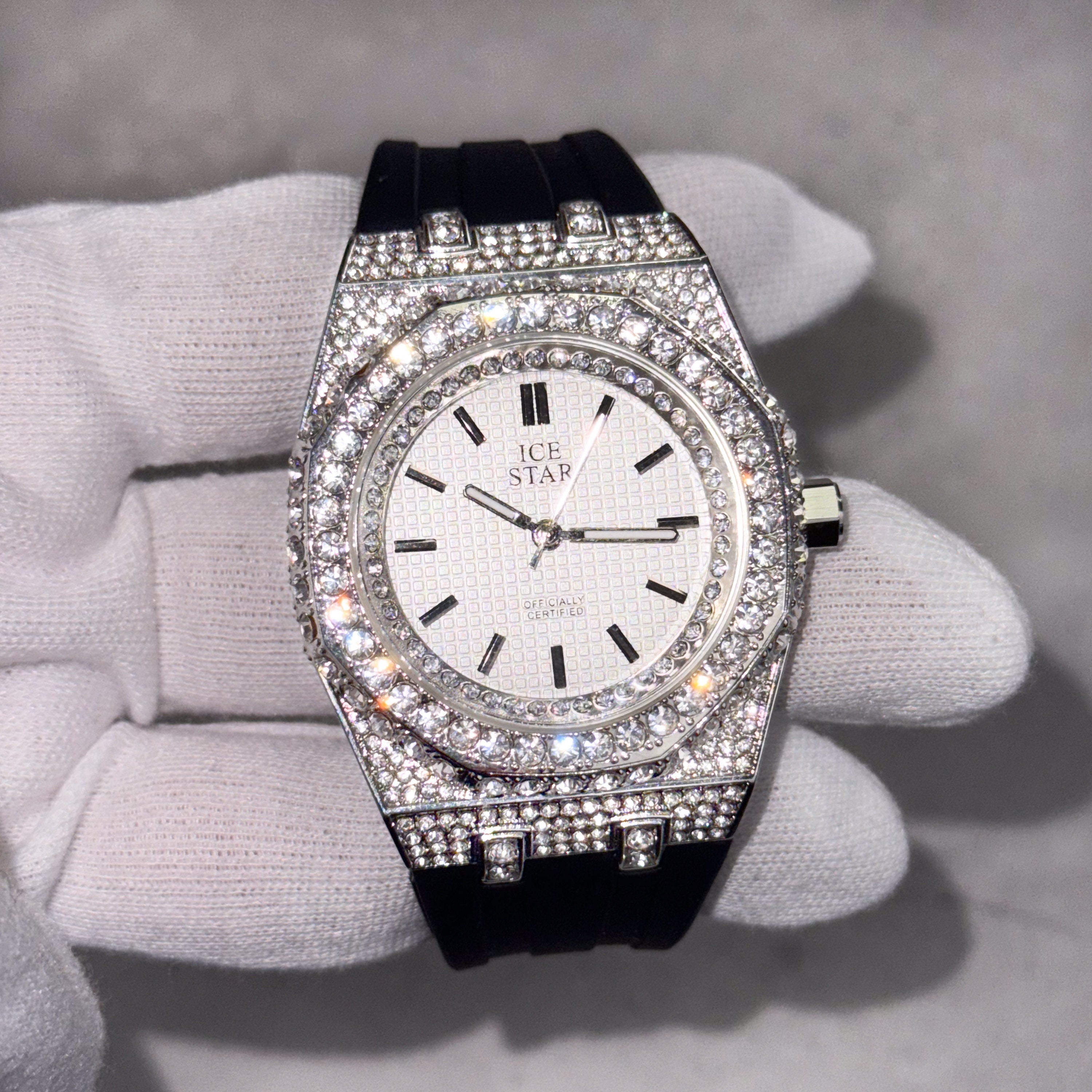 Silver Men's 43mm silicone band diamond watch with white textured dial and iced-out octagon bezel.