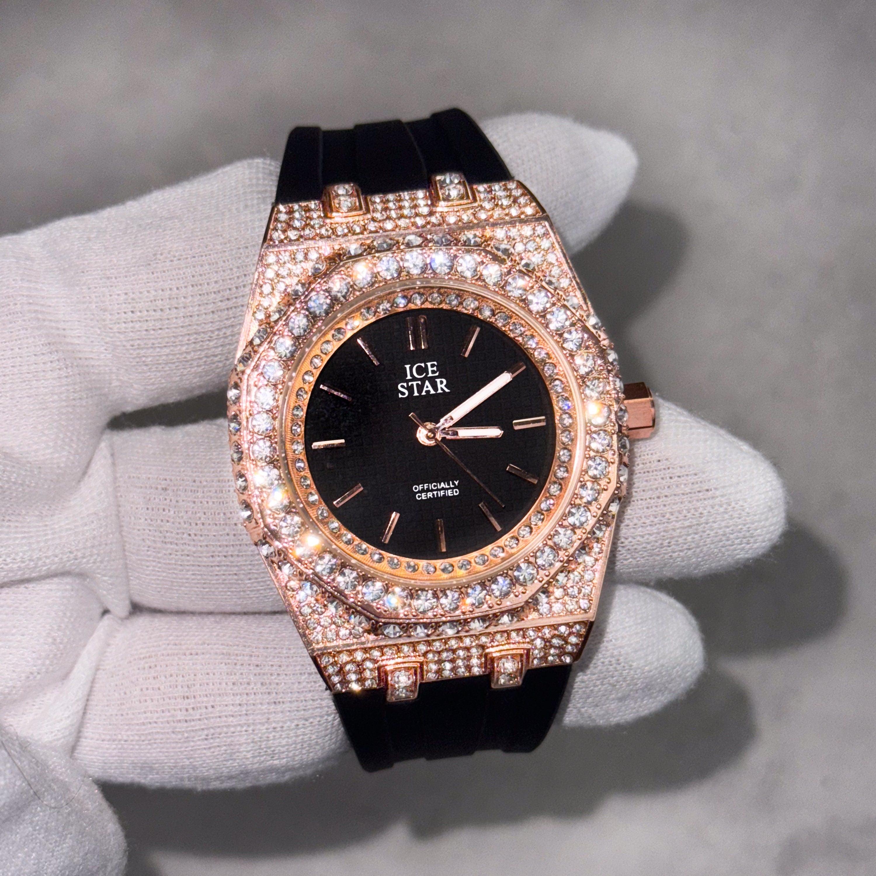 Rose gold Men's 43mm diamond watch with black dial, iced-out octagon bezel, and silicone band.