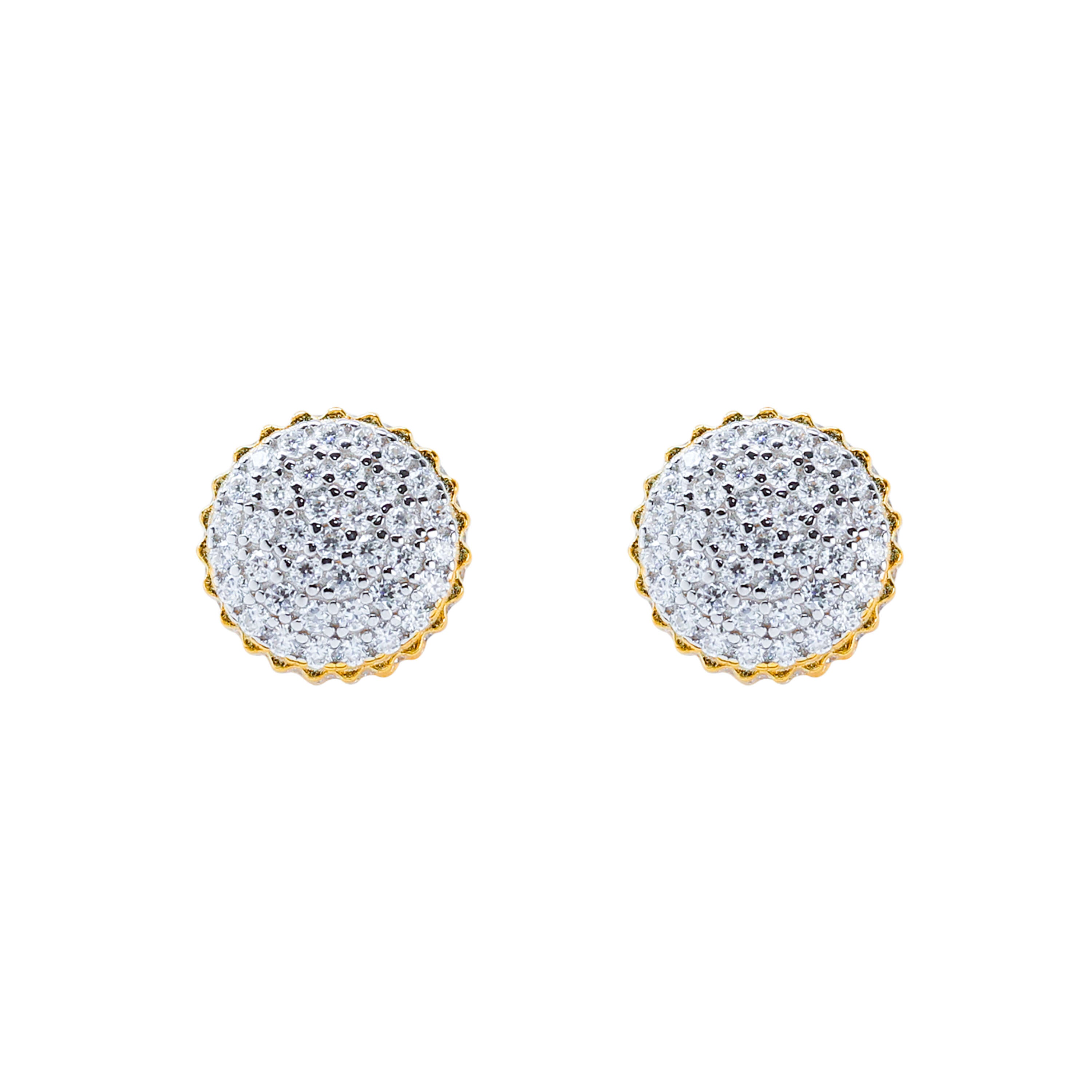 Round 9mm moissanite cluster earrings in gold, featuring a pavé diamond dome design and scalloped edge.