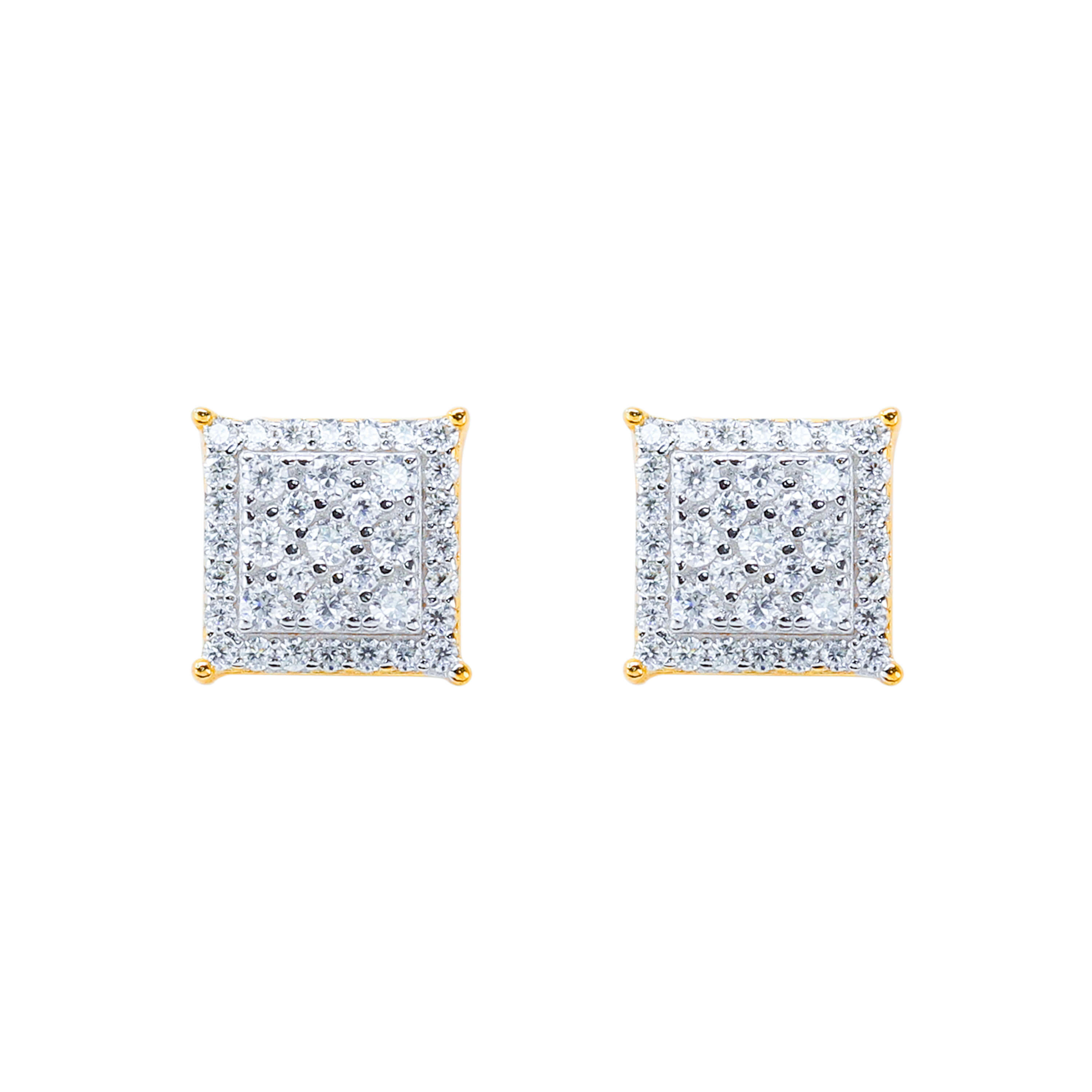 9mm Moissanite cluster earrings with square halo design and gold accents in sterling silver.