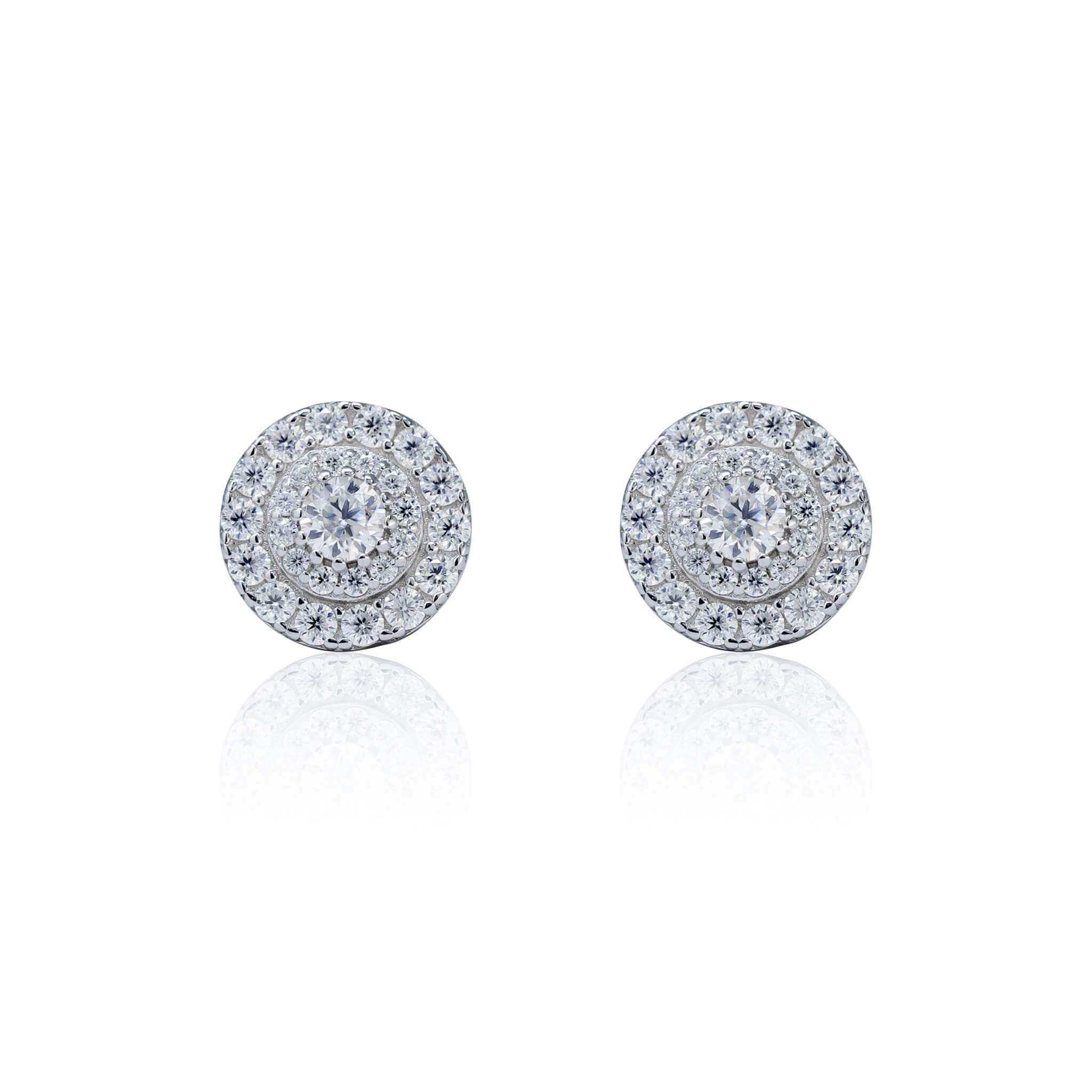 9mm moissanite cluster earrings with 1.78ct diamonds in sterling silver round halo design.