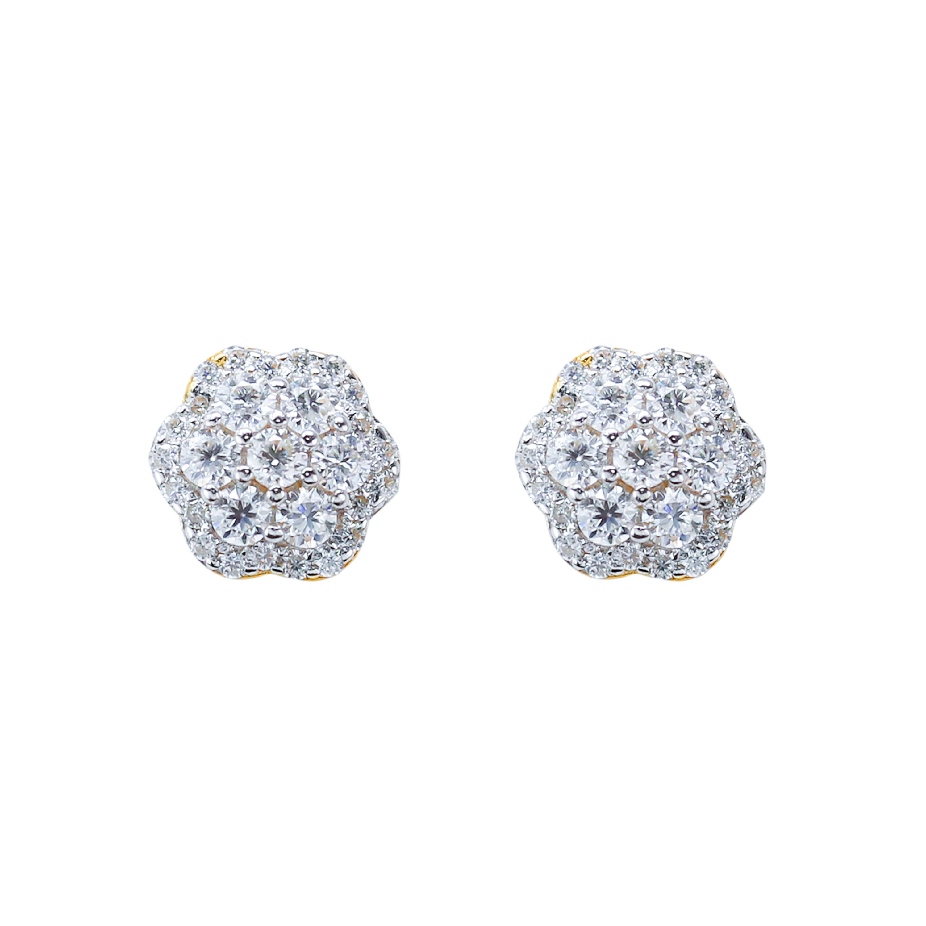 9mm Moissanite flower cluster earrings in sterling silver with sparkling round diamonds.