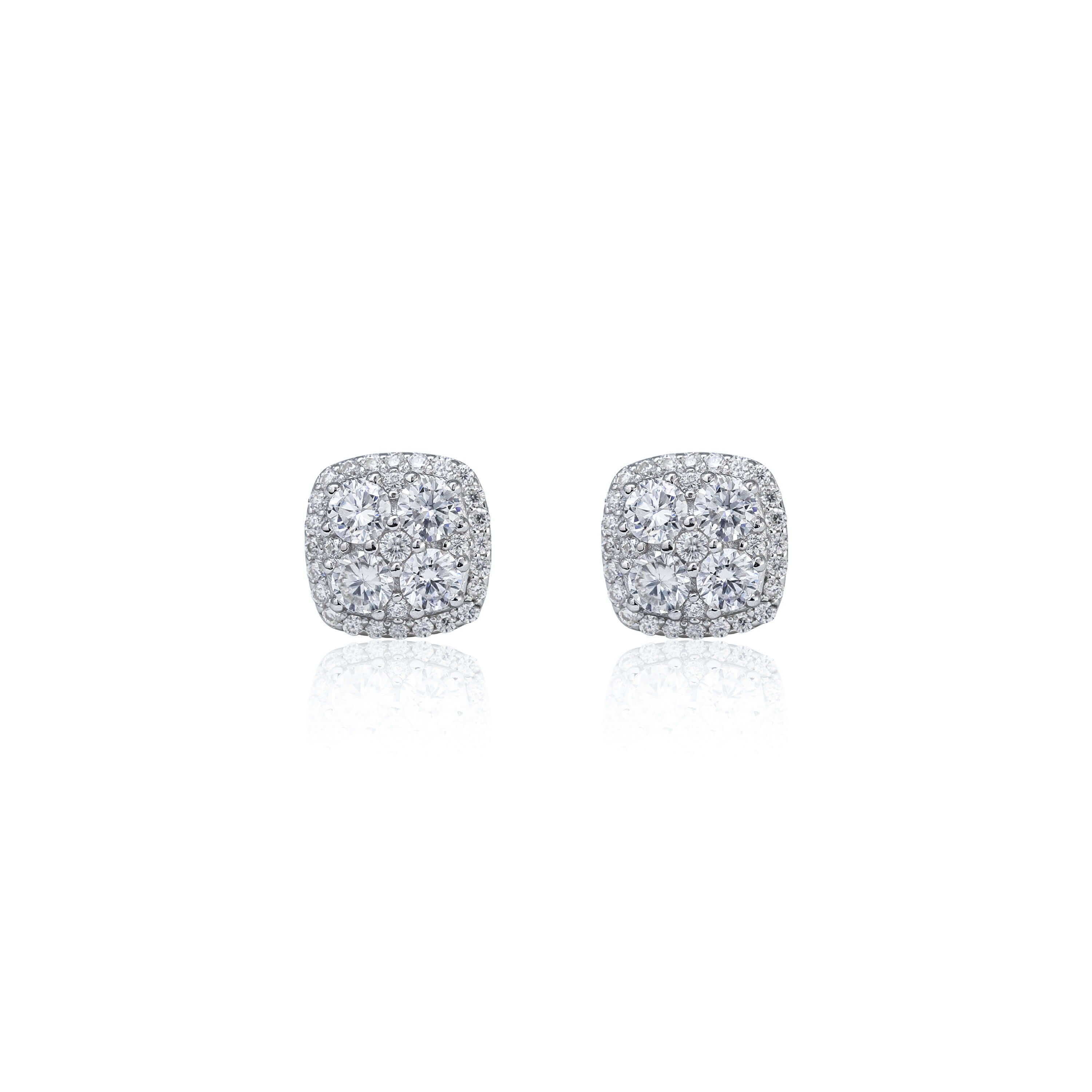 Front view of 9mm square moissanite cluster earrings with 2.31ct stones in sterling silver.