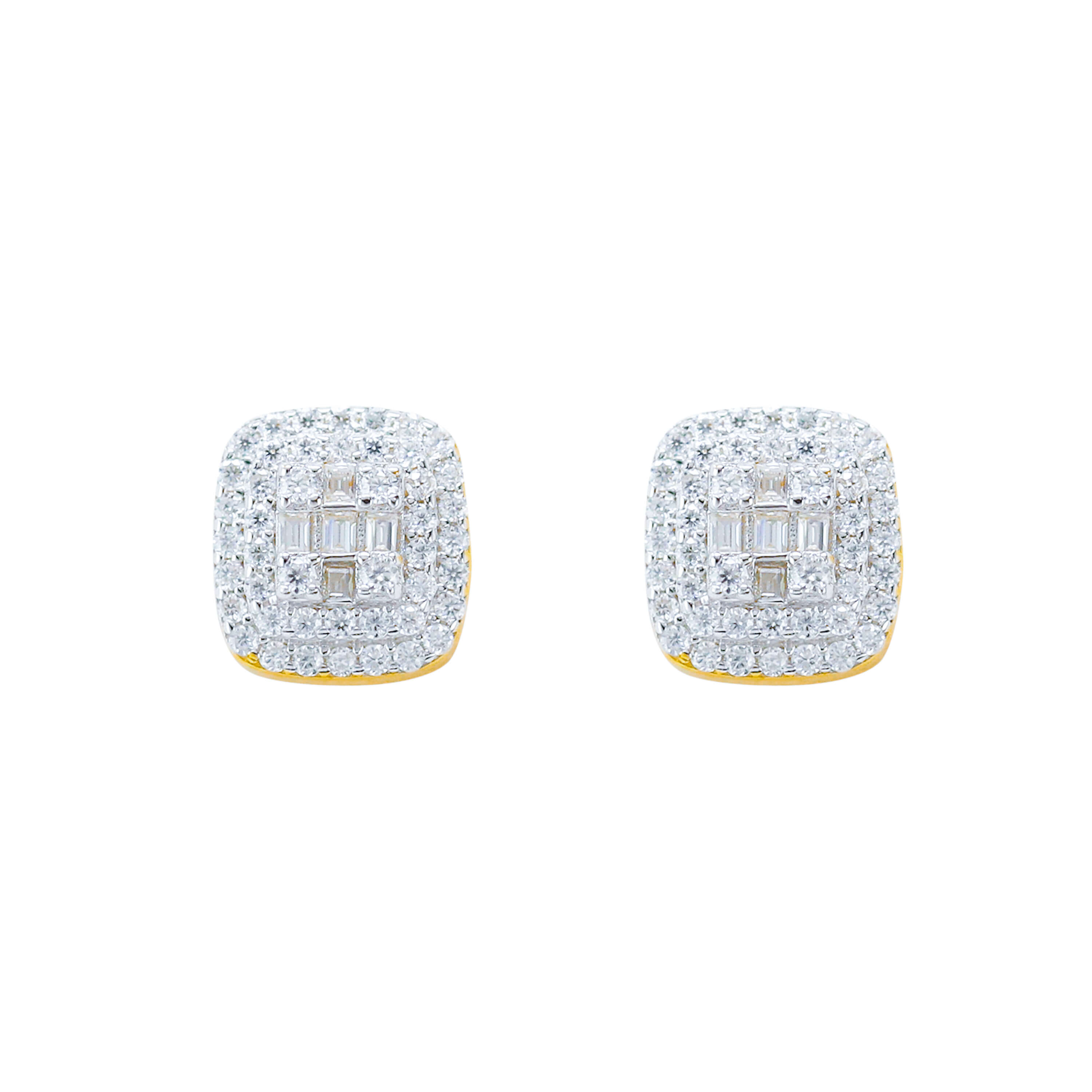 9mm square cluster moissanite earrings in sterling silver with halo design and gold backing.