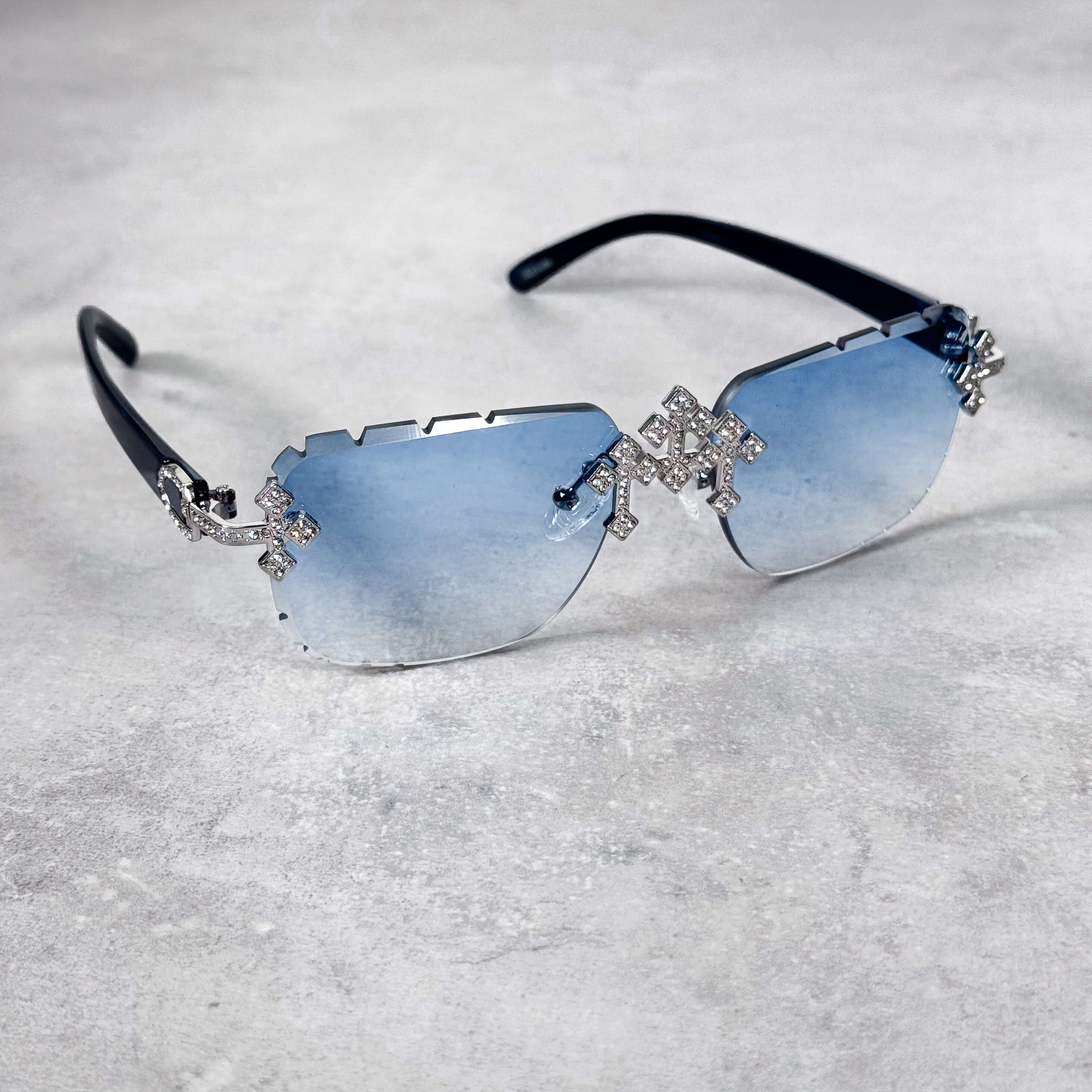 Iced Triple Cross Sunglasses - Blue Lens, Silver
