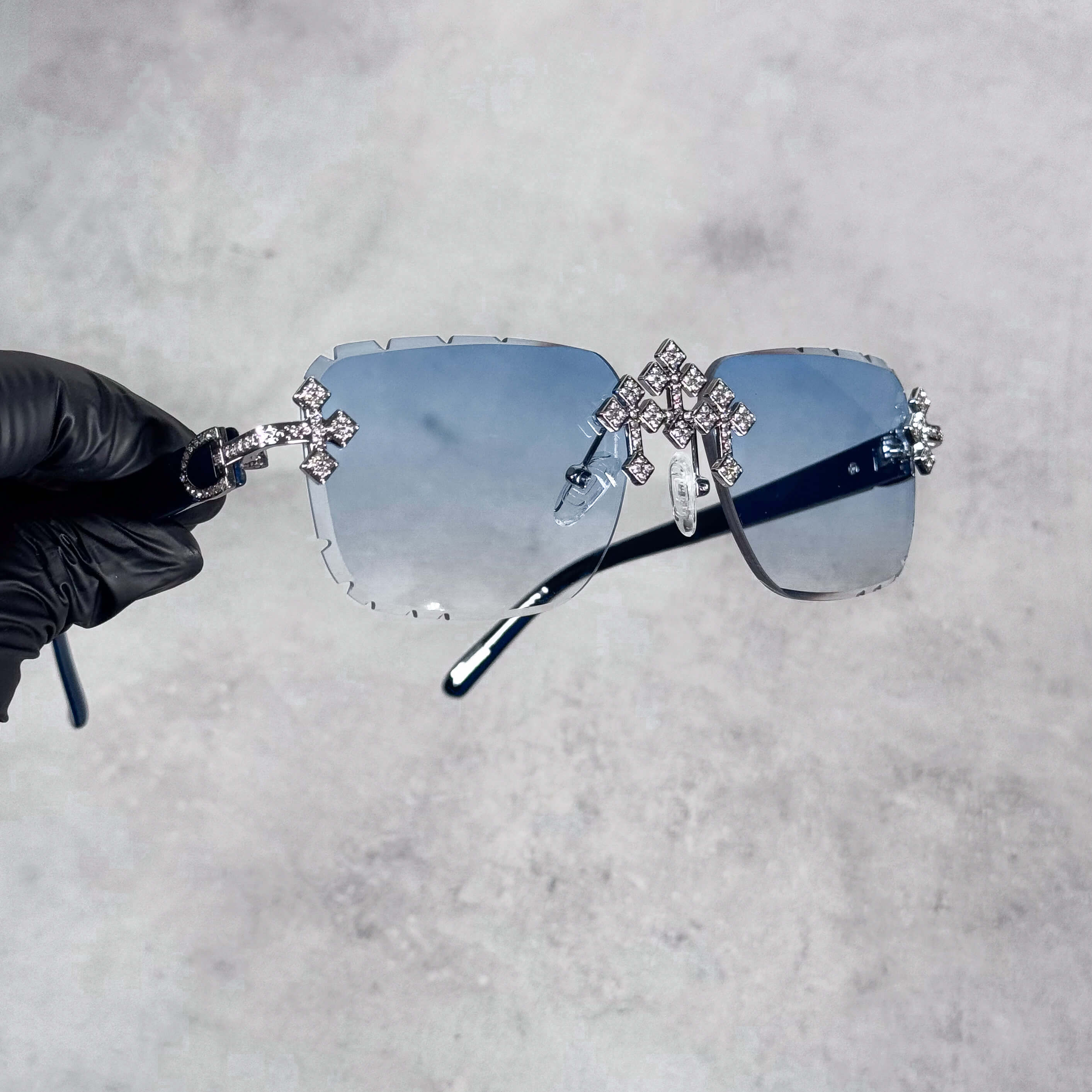 Iced Triple Cross Sunglasses - Blue Lens, Silver