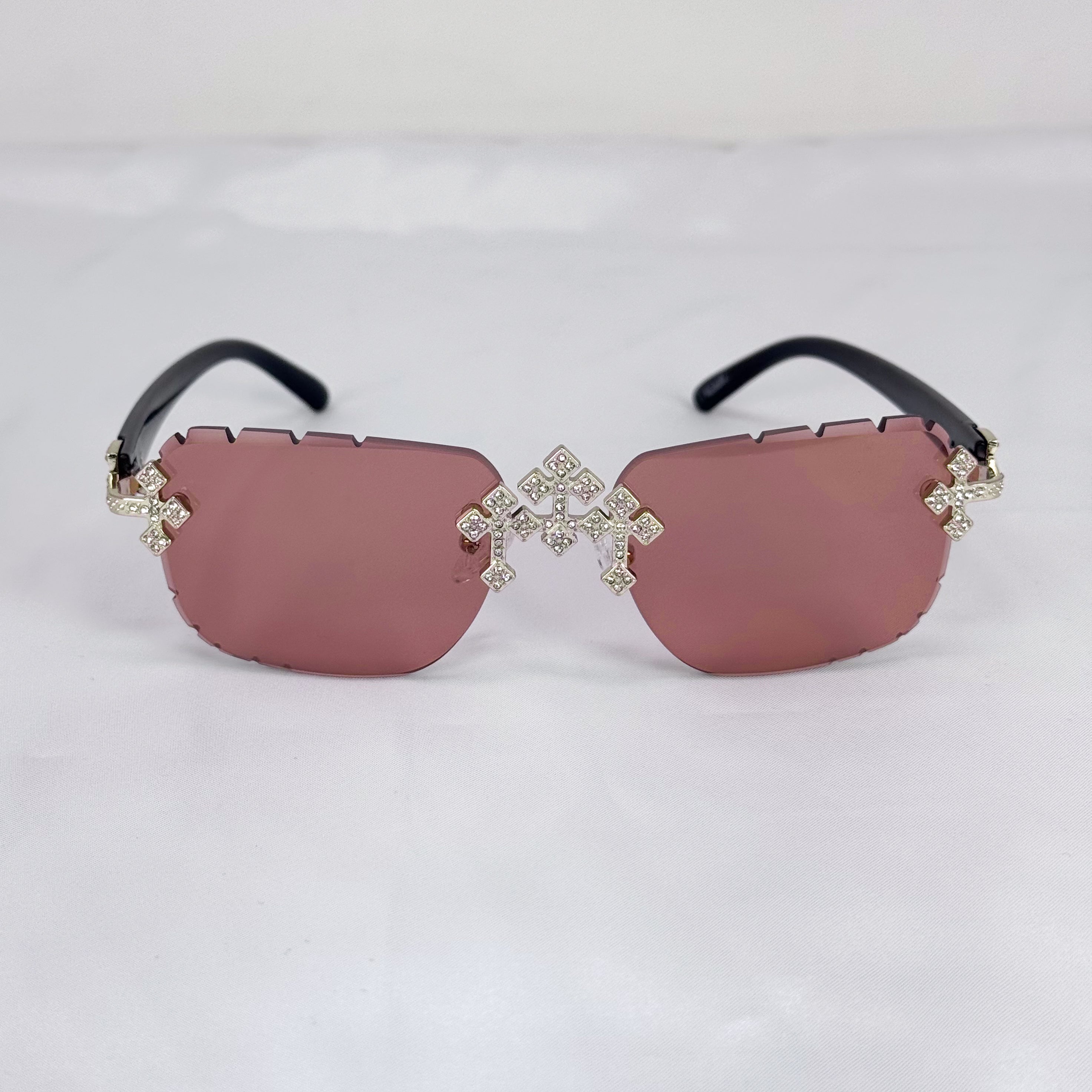 Rimless brown Iced Triple Cross Sunglasses with diamond-cut cross details and black temple arms.